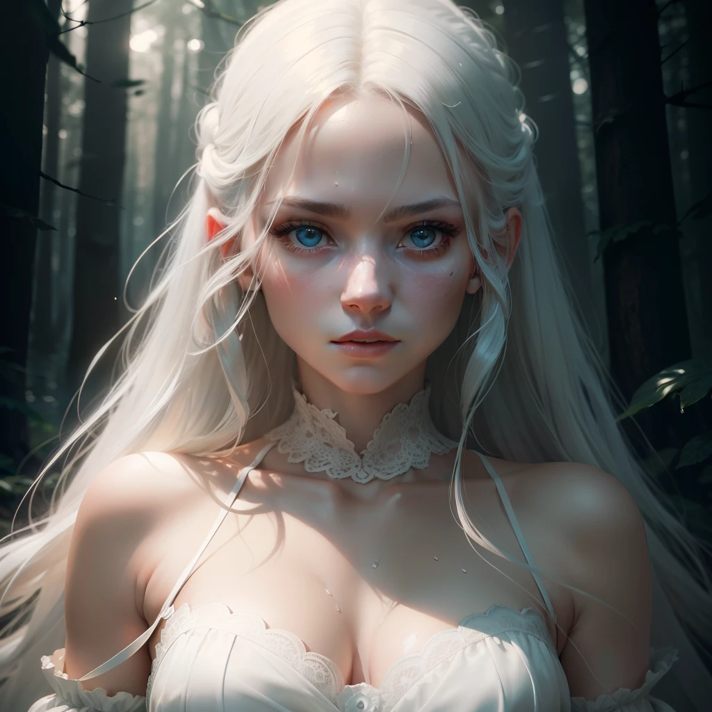 A stunning girl with long white hair, fair skin, and red eyes, in a forest with cinematic film lighting, dark and low-lit. She is wearing a wet white dress, her eyes focused, looking at the viewer. Her skin is fair, her face delicate and flawless, a masterpiece, a work of art of the highest quality. The image is an incredibly detailed 8K CG wallpaper, with artistic cinematic lighting and film-like tones with a neutral filter.