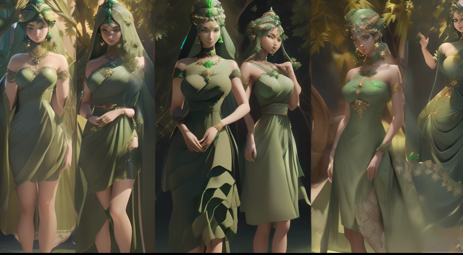 3D model, 3dmdt1, 3d render, photo photorealism photorealistic upper body shot , (many beautiful goddesses:1.9) in  (gorgeous green dress:2.0) of completely different designs , sharp focus , outdoor, looking at the viewer, cinematic lighting