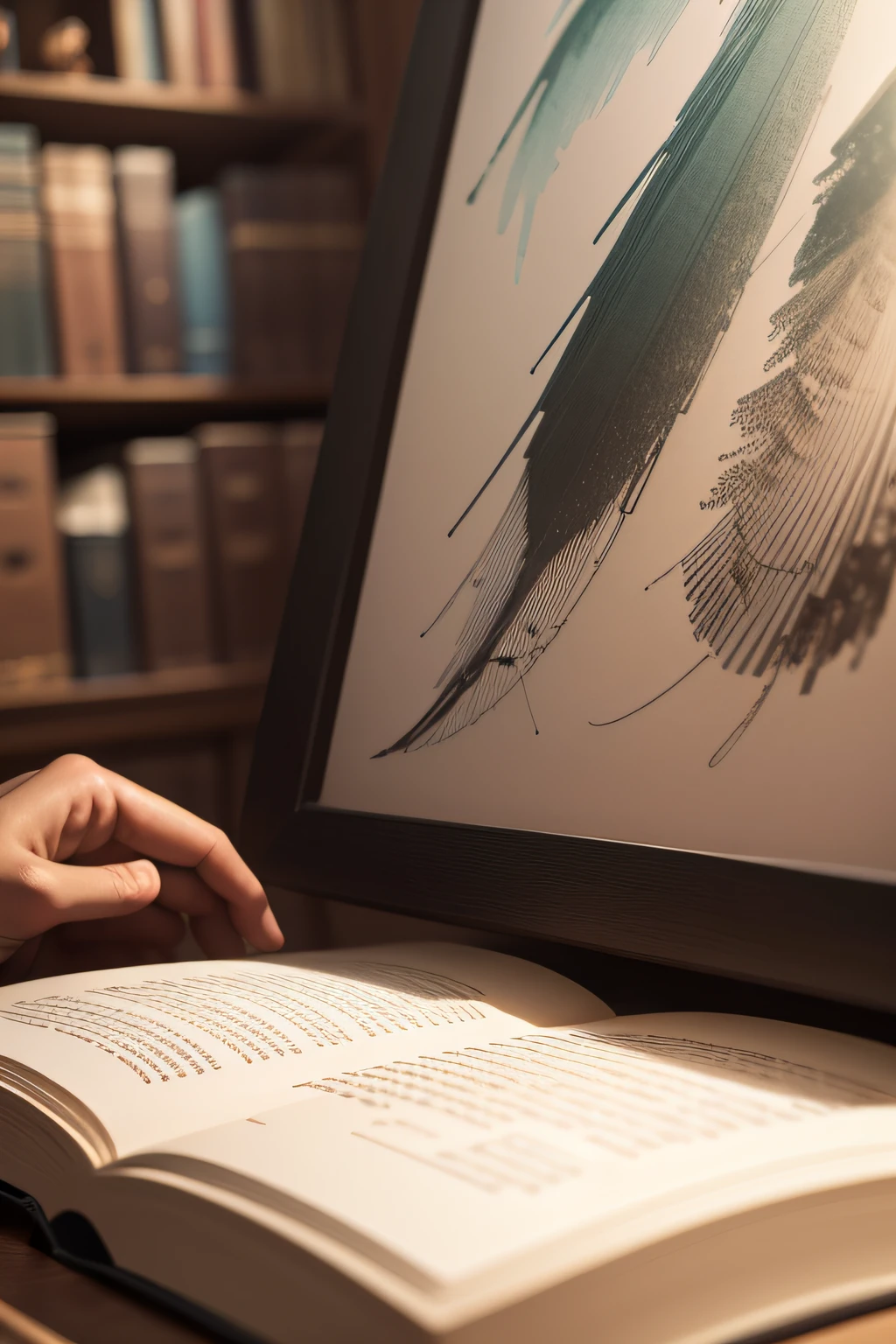 9. Details in the Studio: An illustration that highlights the details in the narrator's studio, do poema o corvo, como os livros antigos e o busto de Palas Atena.
