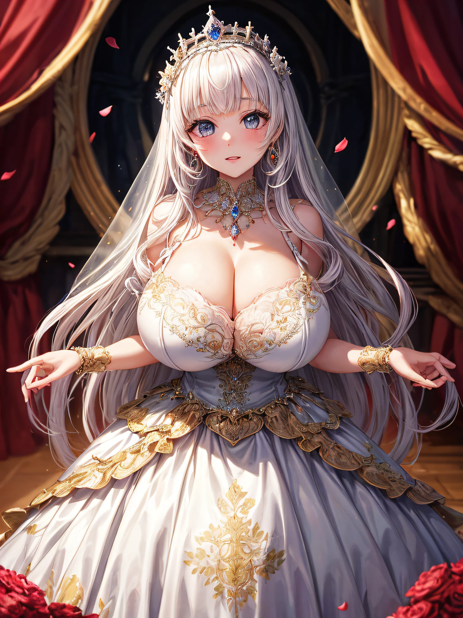 (masterpiece, best quality,extremely detailed:1.1),(moe anime art style:1.2),1girl,((full body)),((solo)), cute, kawaii,digital art,((1 bling-bling anime princess wearing beautiful embroidery and jeweled ruffled gorgeous princess ballgown with voluminous full length hoop skirt)),((crinoline)),long train,voluminous frills,(gorgeous embroidery and beautiful lace),((very gigantic boobs,skindentation)),cleavage,shiny hair,(((very long straight hair))),((finely detailed face and eyes)),clear pupil,extremely gorgeousfull hair ornament,(bling-bling jeweled extremely gorgeousfull tiara),(bling-bling gorgeous gemstone jewelry),long veil,beautiful background,fantasy background,flowers,flower petals flowing,full body,((beautiful embroidery and jeweled ruffled gorgeous princess ballgown with voluminous full length hoop skirt))