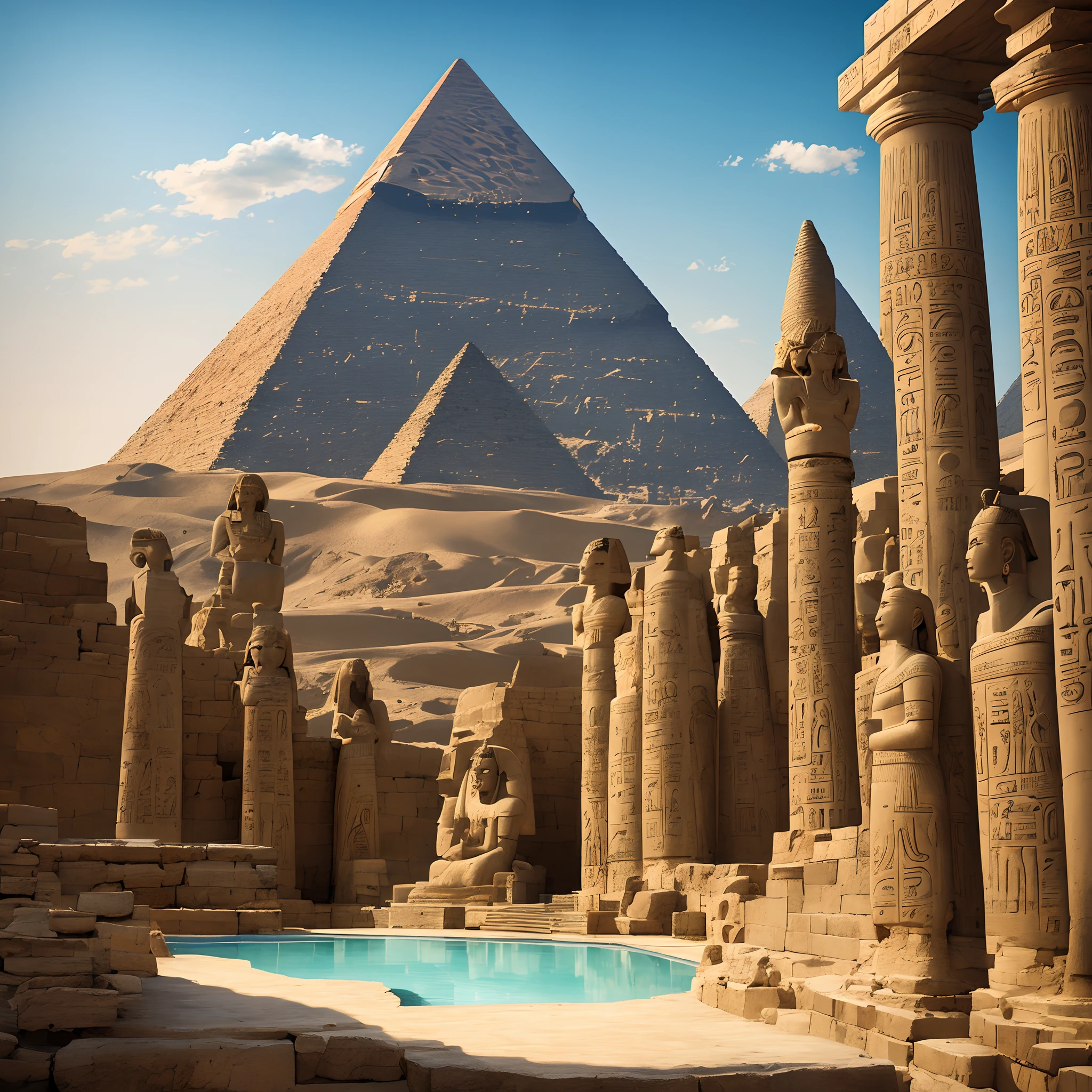 Ultra vision,Shiva,Egyptian mythological style,pyramid,A desert,pools of water,precision,Beautiful,8k,tmasterpiece,