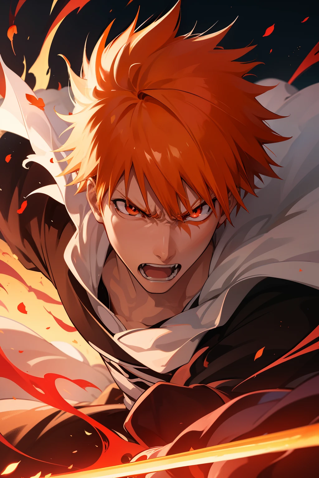 Ichigo Kurosaki, Close up, Orange hair, Glowing red eyes, Angry face, Shouting, blur backgroun, Masterpiece, 8K, HD, With his sword