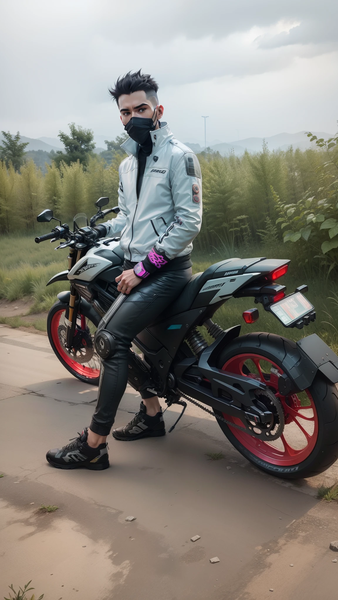 Cyberpunk background, super bike and with jacket