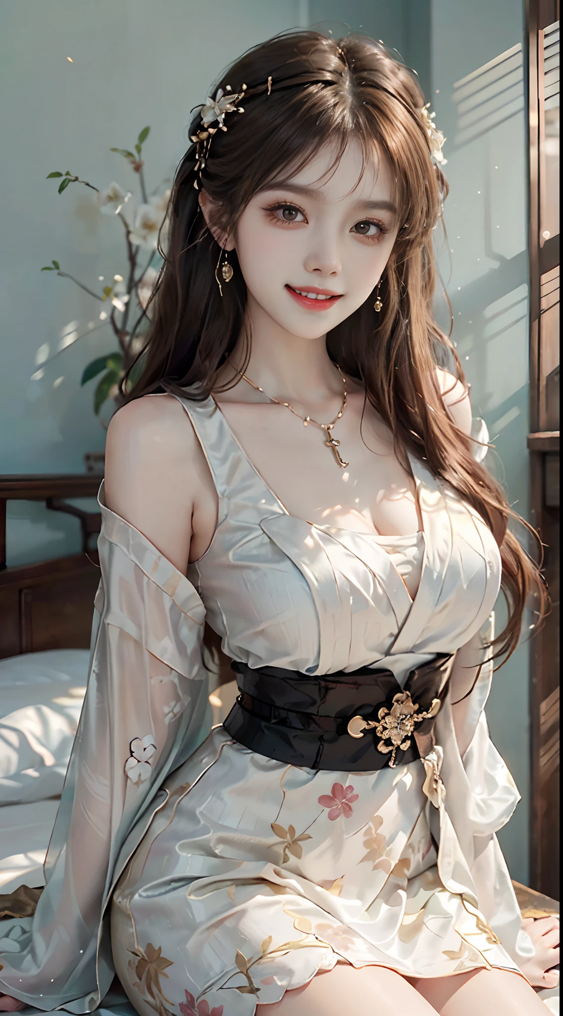 (8K high-quality masterpiece)、Looking at the camera、((Beautiful full body photo))、(Wavy curly hair、Beautiful wreath decoration on the head, immensity)、(Beautiful light)、 beauty lighting , good contrast、(1 Sexy woman:1.3、com rosto detalhado、二重まぶた、drooing eyes、Ears are visible)、((Light brown eyes、Two highlights in the eye、))、( striking beautiful flawless face symmetry) 、brunette color hair、a baby face、((A smile full of love))、attractive proportions, (((Lace ball dress,White delicate embroidery)))、Different angles(in poolside)、Ignore NSFW、