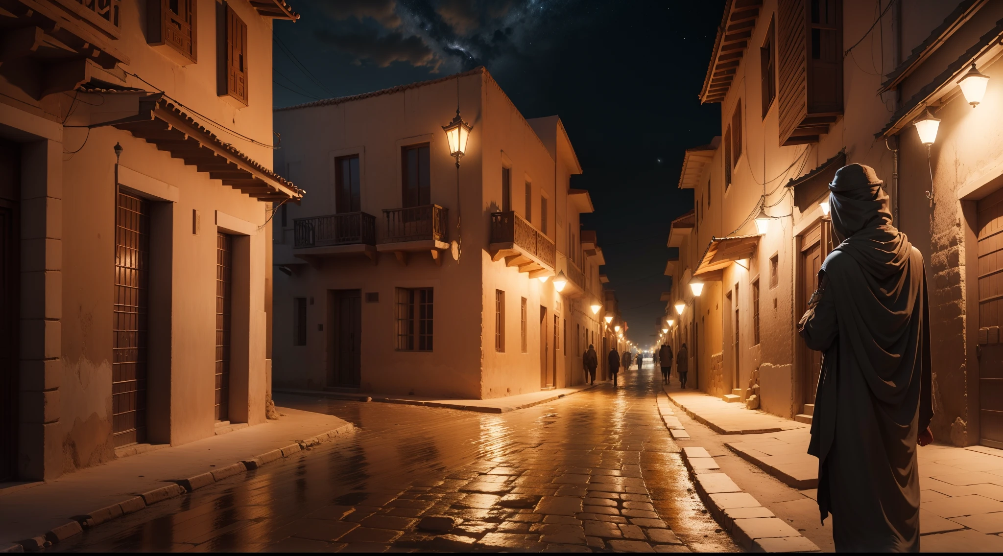 a man-latitude view of the ancient city of Timbuktu, street view, night hour. Vicoli, case con antichi portoni in legno. high contrast 4k hdr