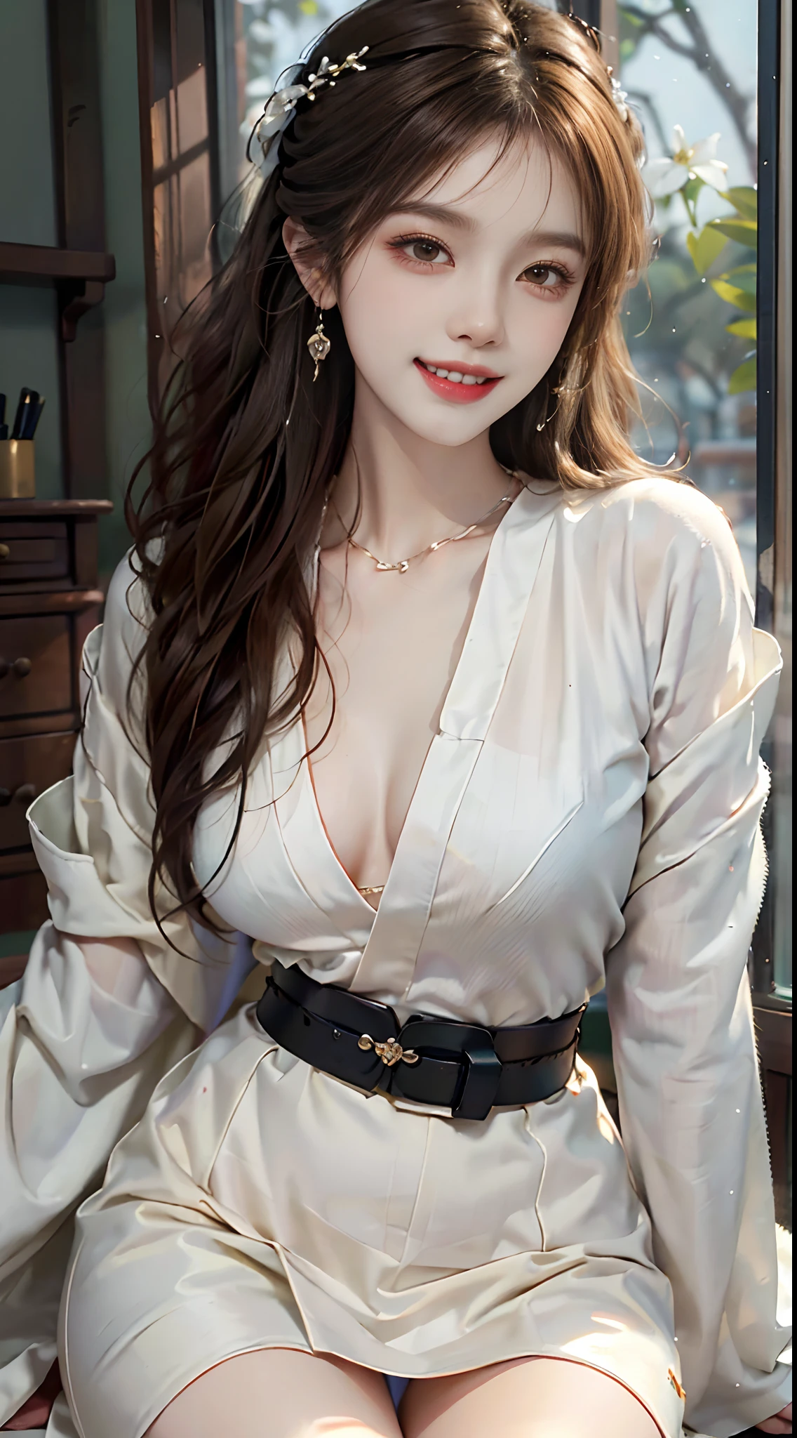 ((upper body)), ((Front Shooting)), ((realistic)), 1 Asian female model, A young girl, (Close up), (Being in the room, Sit Pose, Cross ed leg, Leaning against the dresser), Pleasing posture, Eye-catching poses, Detailed scenes, Coiled hair, Hairpins, Beautiful hair accessories, Brownish-yellow hair, light make-up, Blushlush, Gloss on lips, ((White floral Hanfu, high-waist, Nice belt)), ((warm lights, a warm color palette)), (Extremely high color saturation), Detailed details, ultra-detailliert, (tmasterpiece, best qualtiy), (An extremely delicate and beautiful work), Delicate earrings, Delicate necklace, Simple blurred background, Extreme detail description, Ultra-fine painting, Delicate face, slim toned body, Slimming the waist, (grin, happy grin, Baring teeth), (anatomy correct)