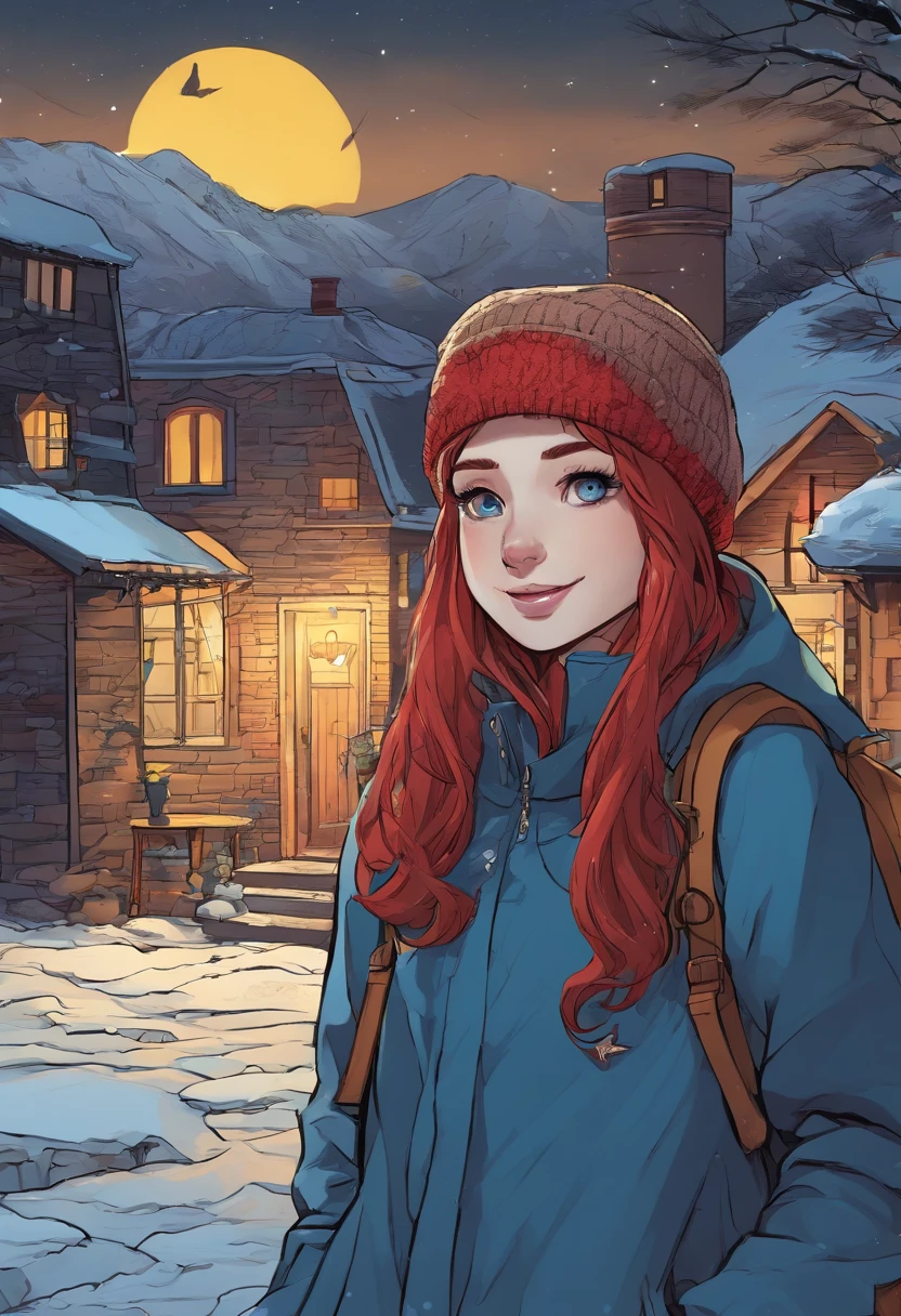 k master piece, high detail, night time, dark, exterior of a red haired girl with blue eyes, wearing a dark blue sweater and beanie, with black tights and wearing a yellow backpack, walking through an empty snowy village at night, dark, scary, foggy and snowing, dynamic framing, dramatic pose