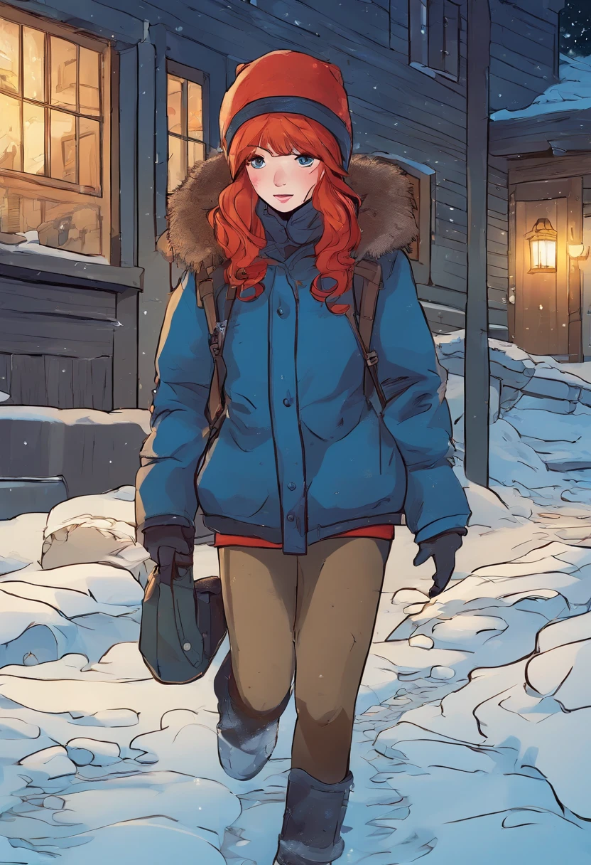 k master piece, high detail, night time, dark, exterior of a red haired girl with blue eyes, wearing a dark blue sweater and beanie, with black tights and wearing a yellow backpack, walking through an empty snowy village at night, dark, scary, foggy and snowing, dynamic framing, dramatic pose