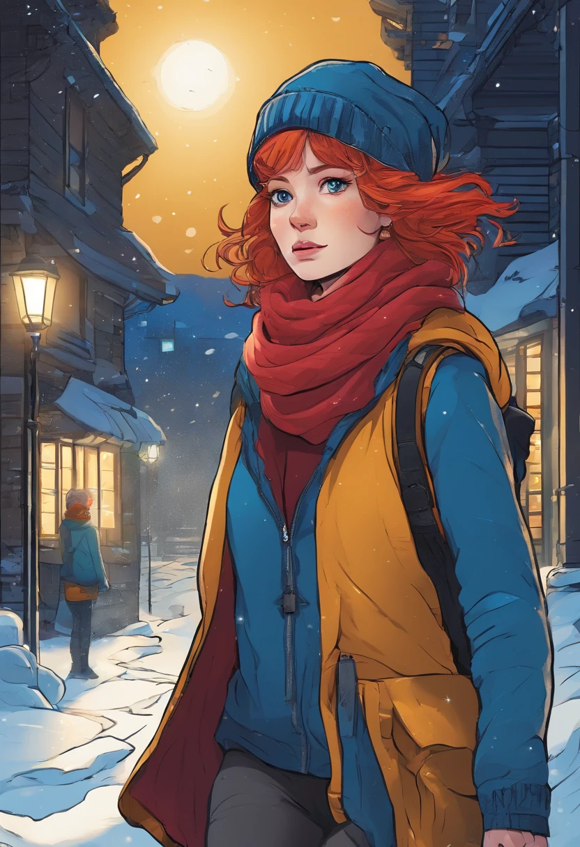 k master piece, high detail, night time, dark, exterior of a red haired girl with blue eyes, wearing a dark blue sweater and beanie, with black tights and wearing a yellow backpack, walking through an empty snowy village at night, dark, scary, foggy and snowing, dynamic framing, dramatic pose