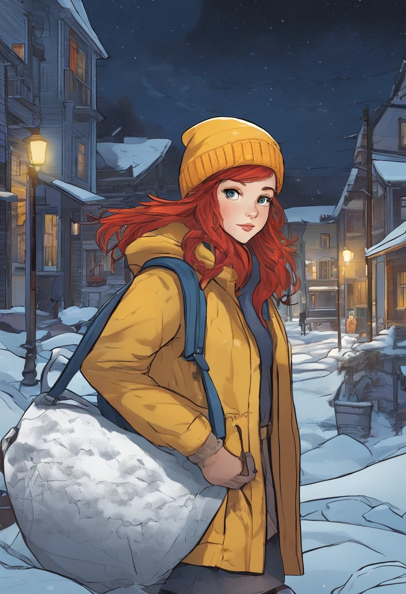 k master piece, high detail, night time, dark, exterior of a red haired girl with blue eyes, wearing a dark blue sweater and beanie, with black tights and wearing a yellow backpack, walking through an empty snowy village at night, dark, scary, foggy and snowing, dynamic framing, dramatic pose