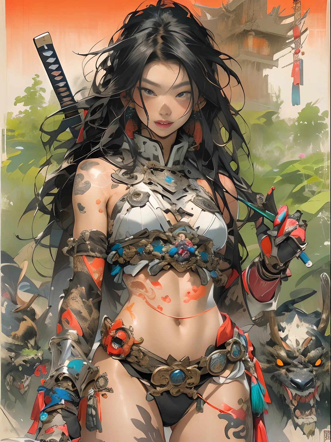 (((woman))), (((best qualityer))), (((tmasterpiece))), (((AS-Adult))), ((( Japanese ))), Look up from your knees, A beautiful asian samurai woman with perfect body, Modern samurai, ((( Asian))), Wear gloves on your hands,The left arm is made of steel and metal tips,Made of protective devices, The eyes are pulled, (( Appears below the breast )), (( Small dental floss )), Simon Bisley, Almost naked(Simon Bisley)Castle City Wilderness,For high-resolution posters, hair straight, Minimum clothing, armure (Crazy clothes ), Full of tips and rivets, tribal tattoos, (((full bodyesbian))), Straight brunette hair,Colored hair ends