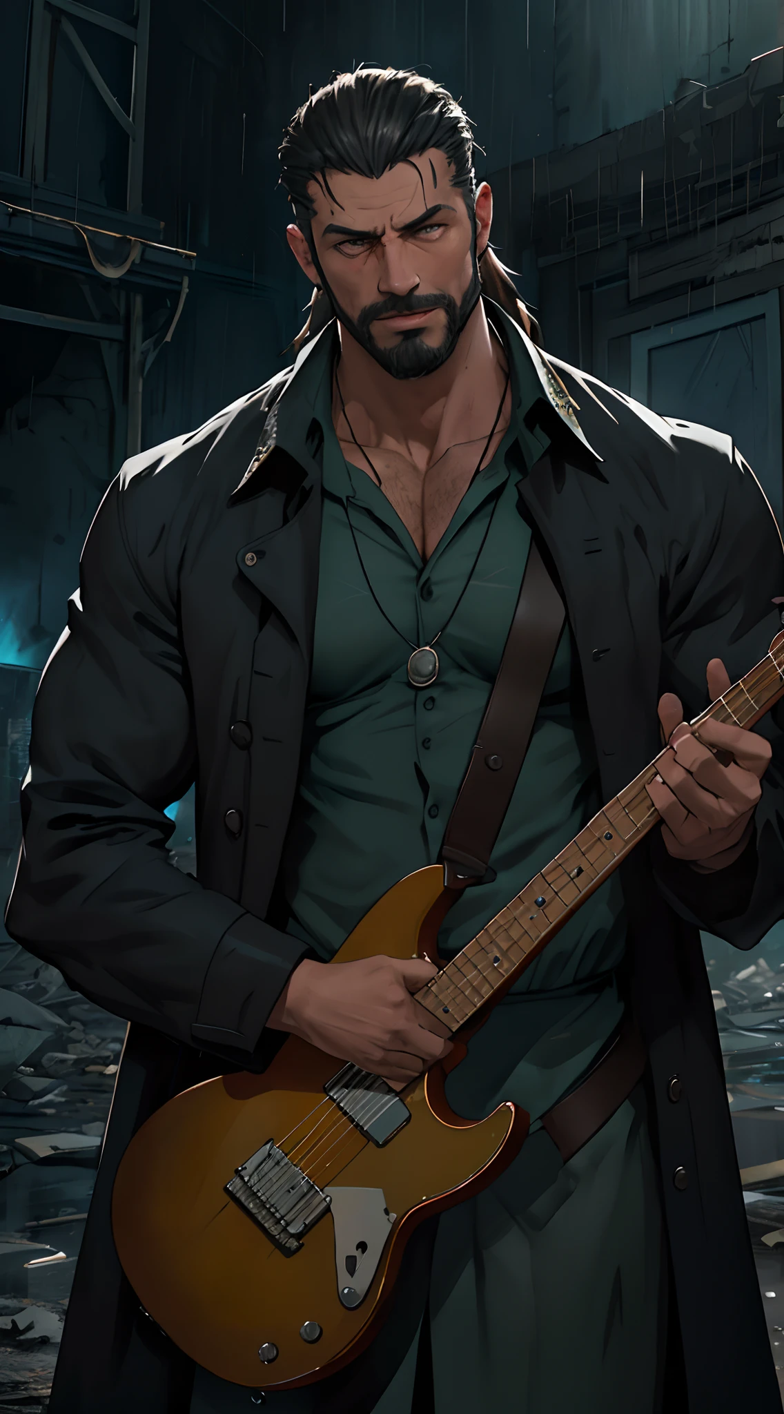 There is a man playing the electric guitar on room of ruin, it rains and clouded, deep dark blue background color, surrounded fences and bonfire of drums are there, he gets wet on the rain, droplets, gigachad muscles, wearing a dark army moss green trench coat, wearing black dress shirt as inner, muscular men , male art, Eric Clapton, Commission for high resolution, Very heavy vignette!!!,hard ,Nothing is worn, slight laugh,veiny muscles,,shaggy lumpy body,Silver Plate Tag Necklace,Dad with extreme muscle mass,Black little long shaved side hair,Cropped beard face, little laugh, Around 50 years old,tanned brown skin,ultra-detailliert,High quality,Realistic and smooth skin texture,Photorealistic Dandy Guy,Light and shadow