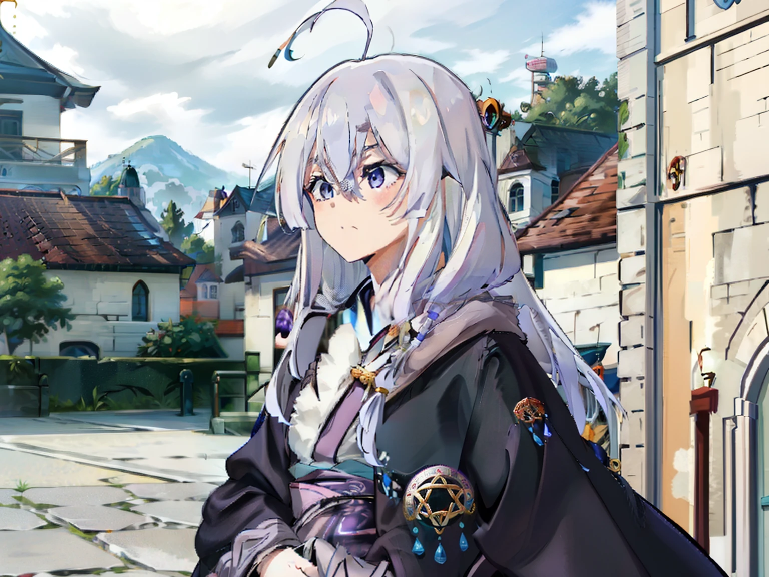 1womanl，Purple Eye，Silvery hair，Long grey hair，Irena，Black kimono，Filigree，Komono，shrines