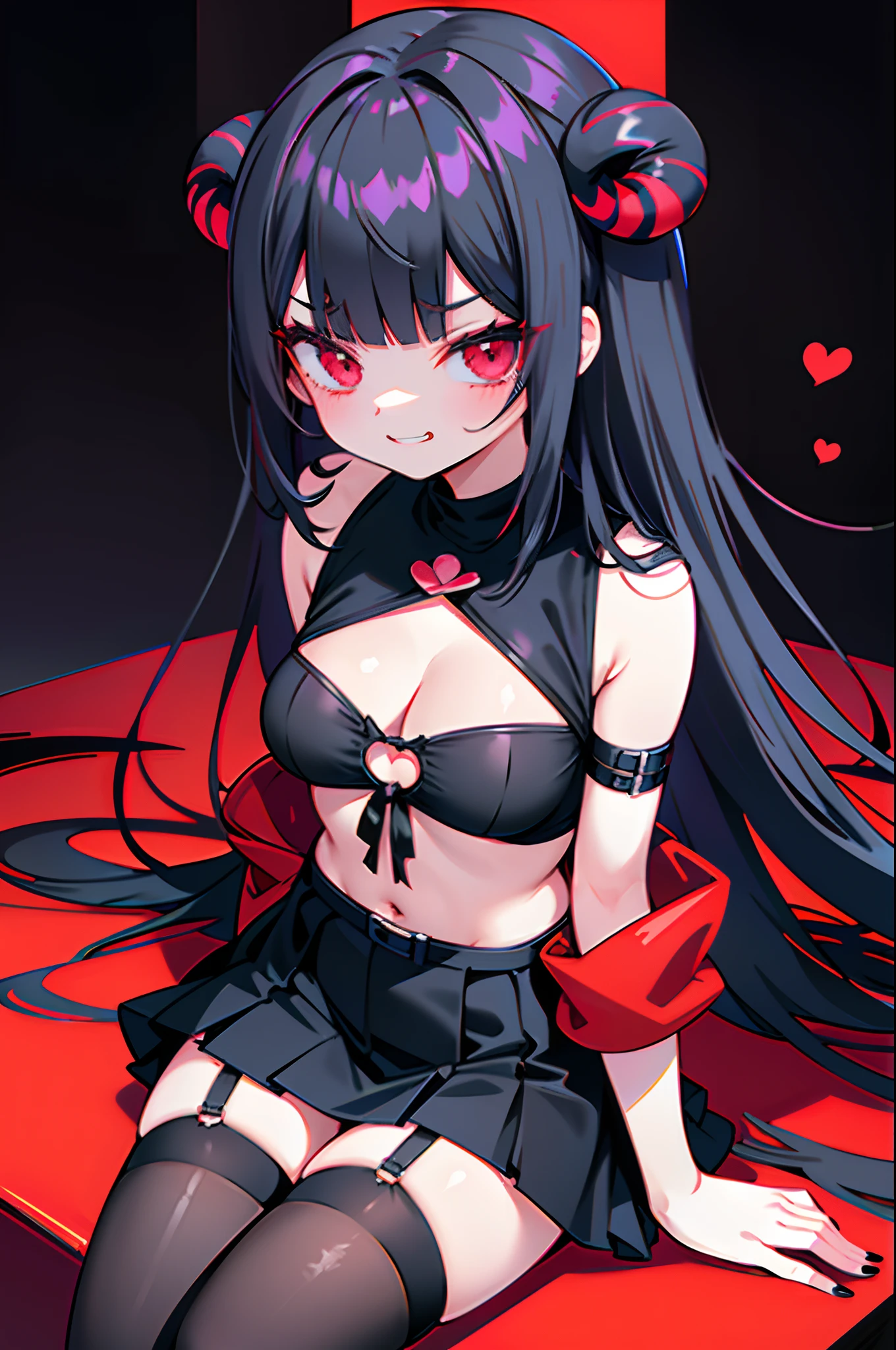 fullllbody, 1 girl, Floating Sitting Pose, pale skin, close up, Face Focus, ((Red Devil Horn,)) Black hair, ((Blunt bangs, Straight bangs)), ((Super long hair)), ((hime-cut)), ((Straight hair)), (((Spiteful smile, Smirk, tusk))), Black Gostight sweater with boob window, Red harness on chest, Chest Harness, Belt on the chest, black fingernails, Fashion (((Black skirt))), The skirt is black, Mismatched thigh high stockings, Cute red devil wings on her back, With Band-Aid, bandaid, cleavage_cutout, Menhera