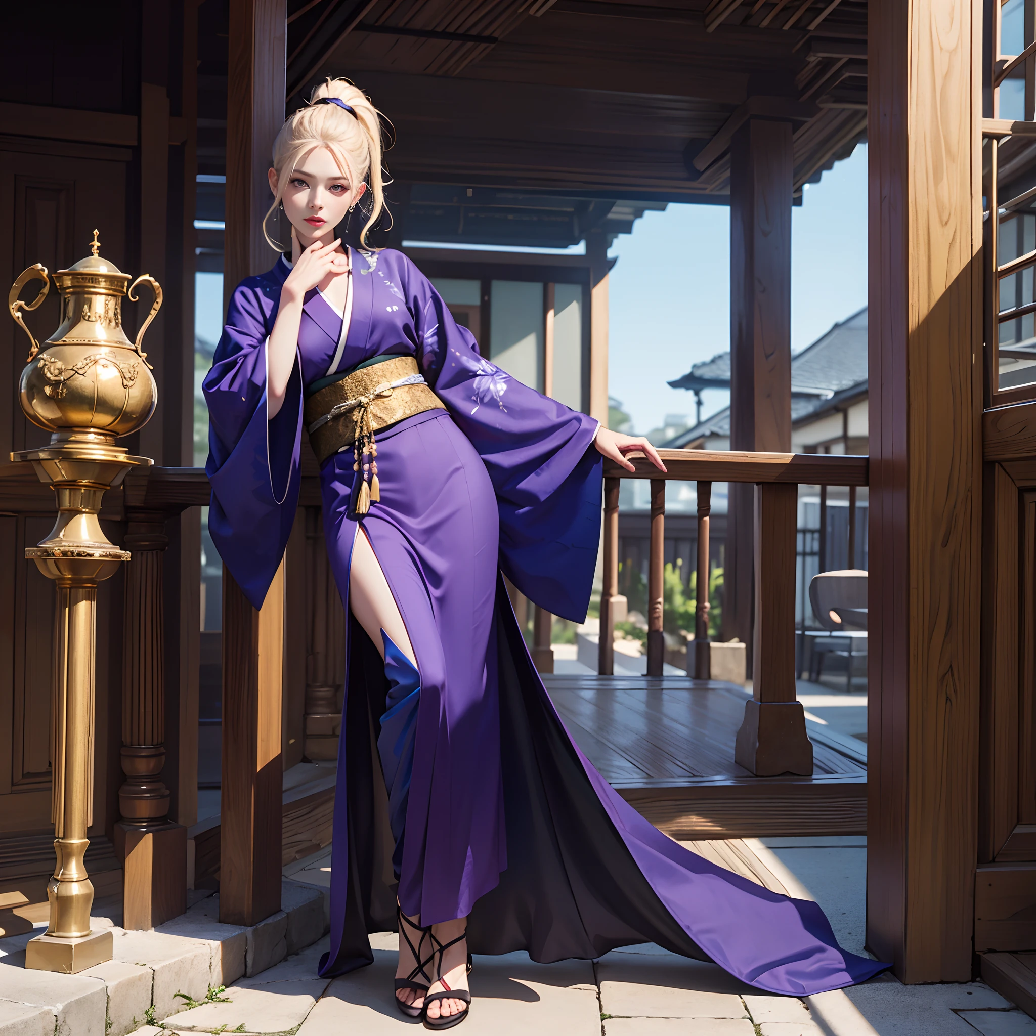 Luxury kimono(Black kimono(Detailed golden embroidery,Purple band))、Background Cluster Amaryllis Oddeye、watching at viewers、Outside the window blue-sky Streets of Kyoto、Ponytail, Shiny hair, Full body, Mismatched pupils, Hyper-Realism, Verism, Realism, depth of fields, Cinematic lighting, Wide Shot, F/16, nffsw, high details, High quality, Textured skin, 8K, Best Quality, hight resolution