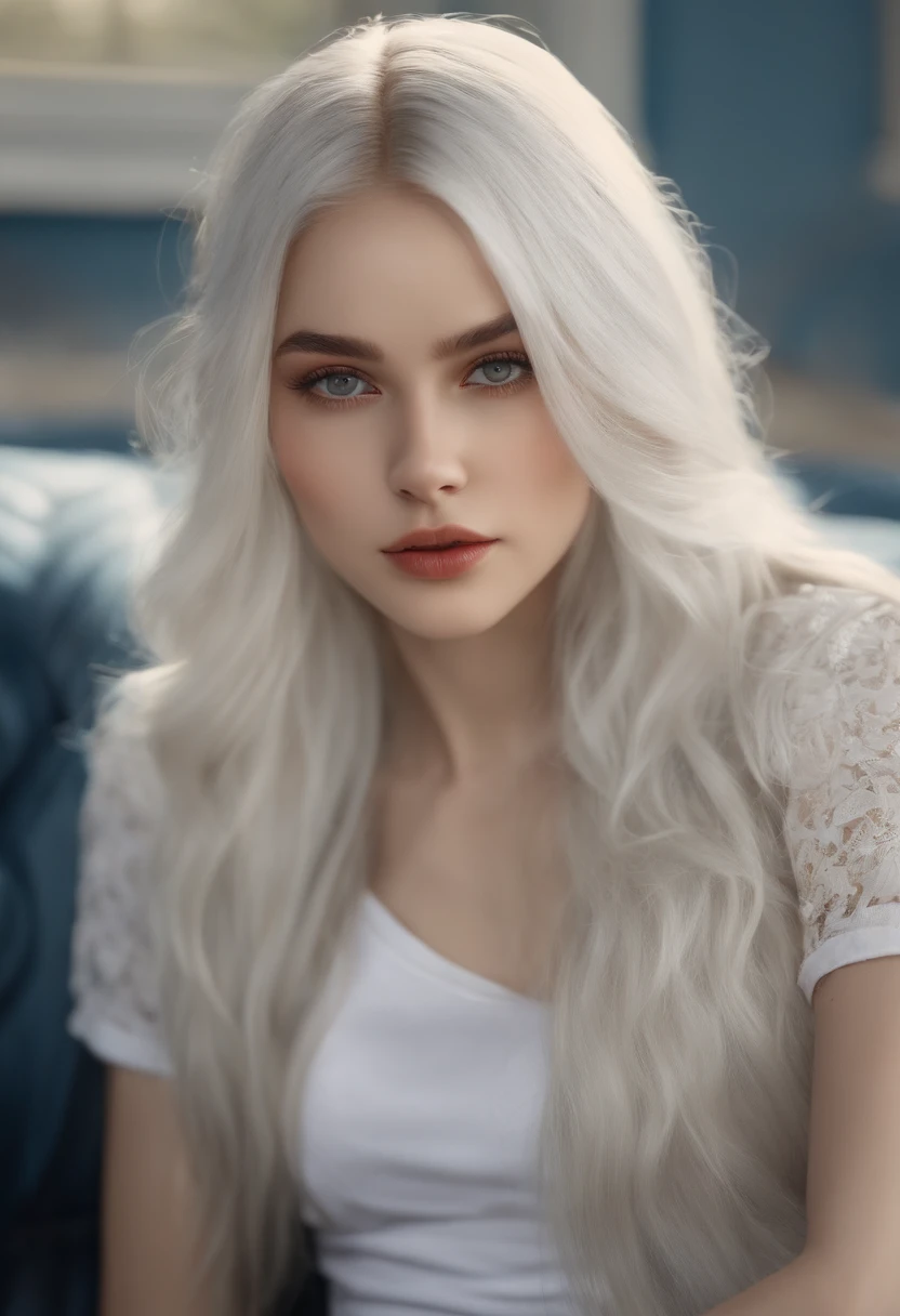 +Masterpiece, Best quality, Super detailed, A schoolgirl, Beautiful face, rich details​, (Long white hair), Perfect face, overalls, Sitting, Close-up, Shabby sofa