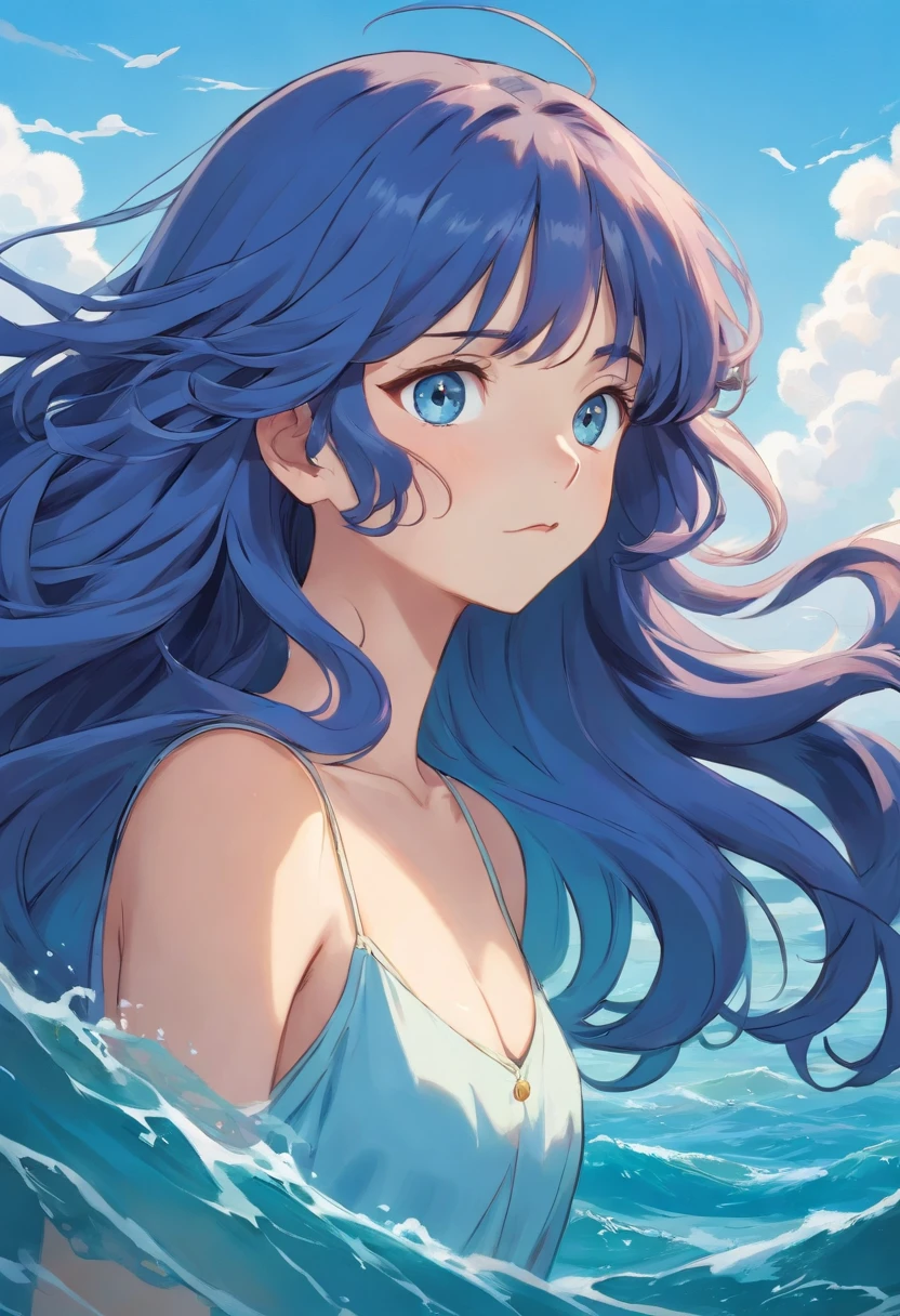Long hair, wavy curls, quiet woman, light blue to dark blue gradient hair, expressionless face, firm eyes, daughter of the sea