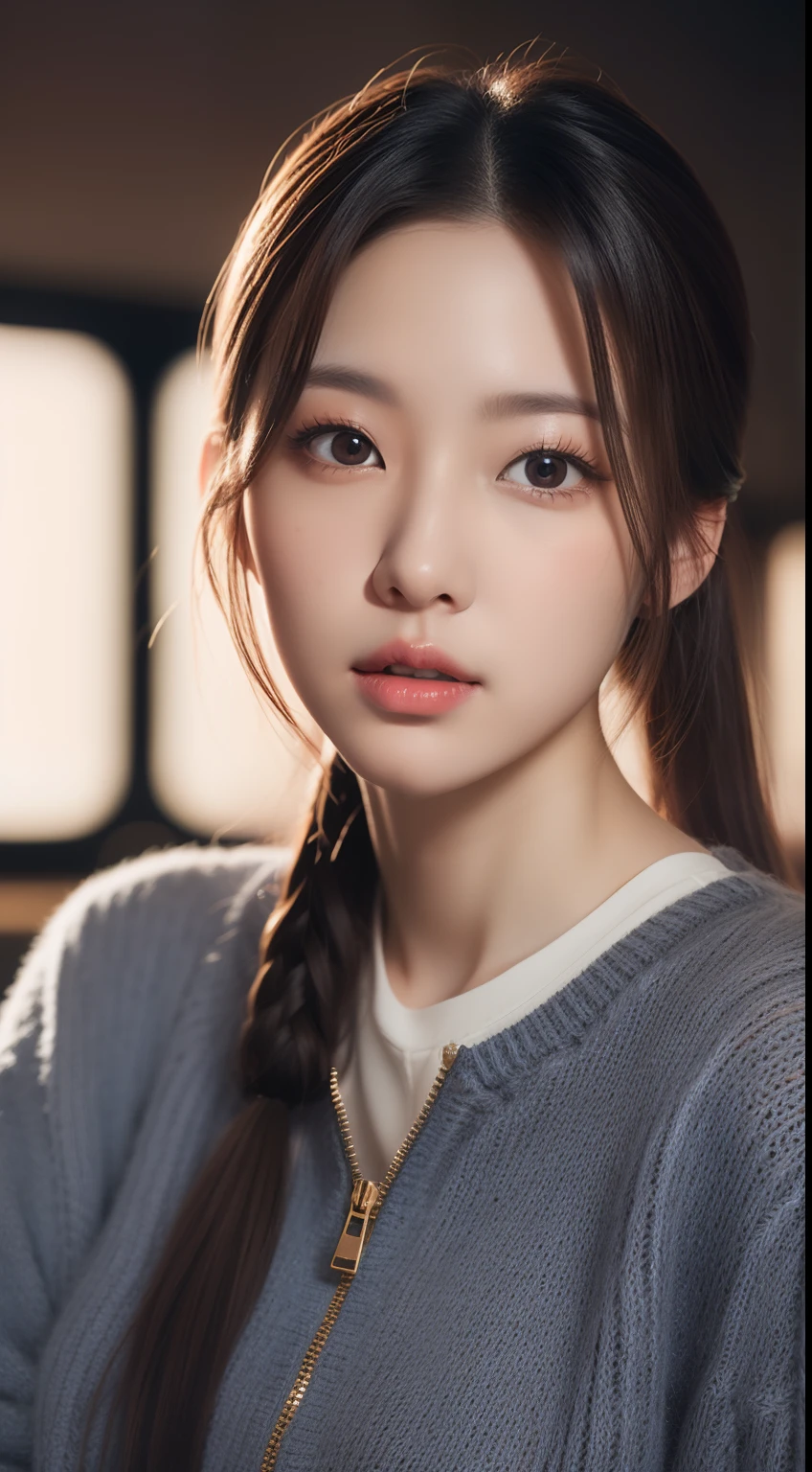 realistic photos of 1 cute Korean star, short ponytail, white skin, thin makeup, 32 inch breasts size, wearing zipper sweater, in the cinema, close-up portrait, ray tracing, UHD