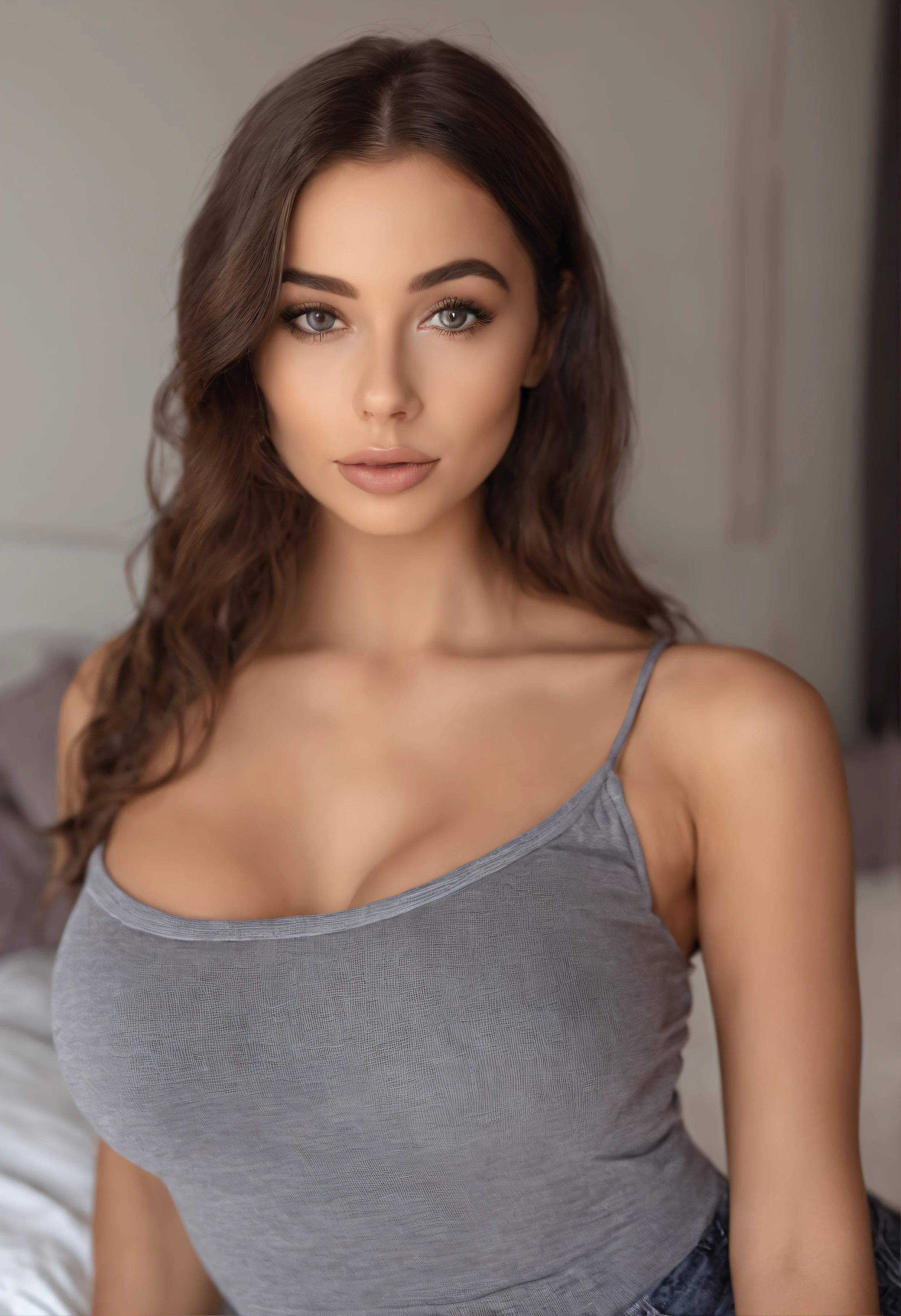 arafed woman with matching tank top and panties, sexy girl with brown eyes, portrait sophie mudd, brown hair and large eyes, selfie of a young woman, bedroom eyes, violet myers, without makeup, natural makeup, looking directly at the camera, face with artgram, subtle makeup, stunning half body shot, in bedroom, cleavage