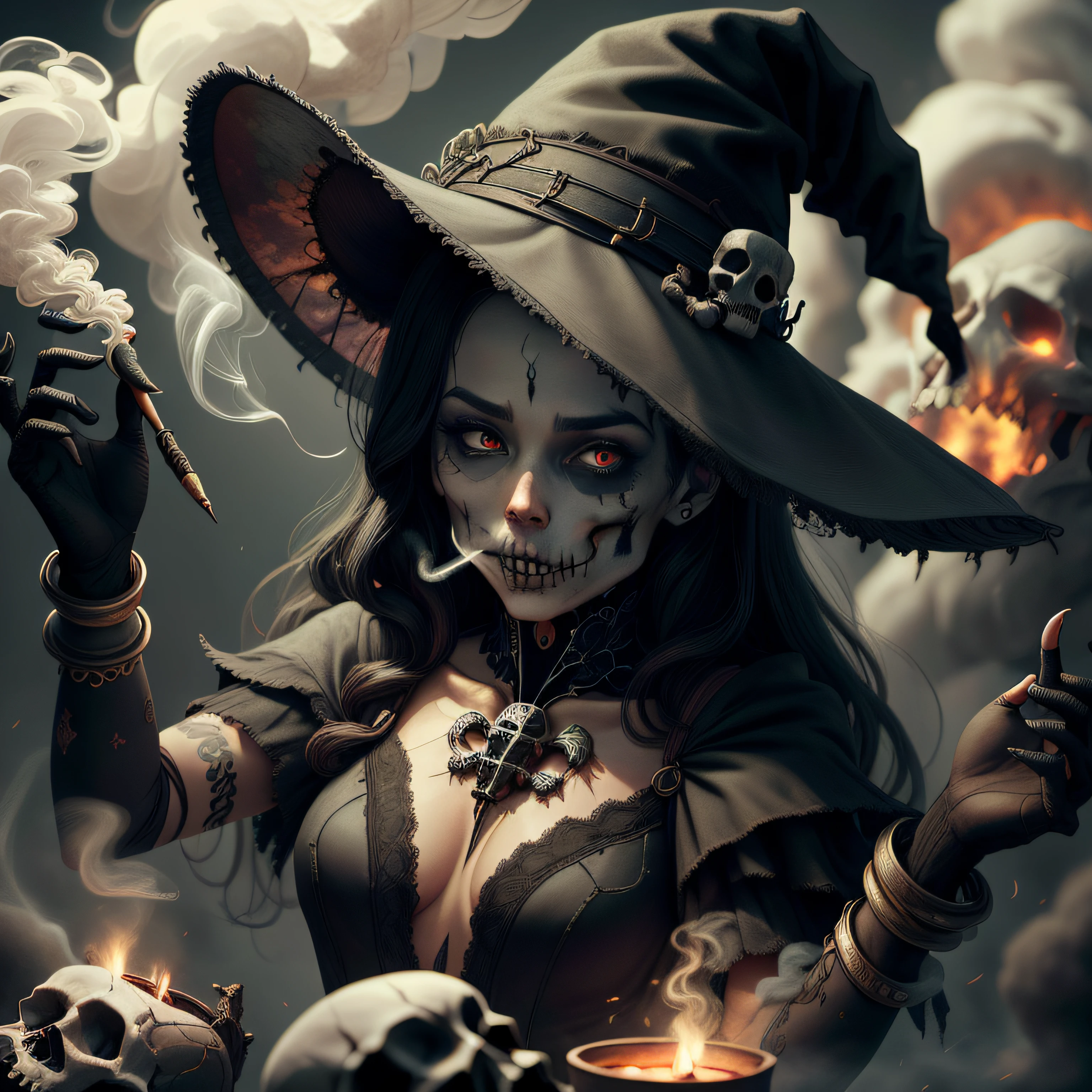 masterpiece, best quality, detailed,smoke, witch and skulls