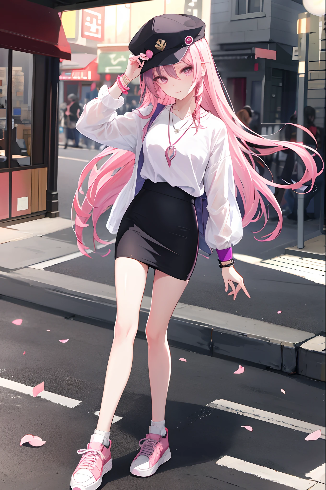Masterpiece, Best quality, Photorealistic, Outdoors, Cherry blossoms, Night, The background is blurred out, Sunlight, Depth of field, Beautiful lighting, Cinematic lighting, street, City lights, Falling petals, Falling cherry leaves, breeze, Wind, 
Miko Wayae, Pink hair, Pink eyes, teasing, Smug, fake smile, headtilt, kneesup, necklace, wear cap, Bracelet, Skirt, (pencil skirts:1.2), upper legs, blouse, view the viewer, sunglasses, stylish hat, Glossy glossy skin, Walking, sneakers
And Raiden General, Purple hair, Purple eyes, Serious, Blush, view the viewer, Single braid, shirt, Tuck it in, necklace, Denim, Short shorts, Sneakers, Socks, shirt, Long sleeves, Long hair, Crossed legs, sunglasses, (stylish hat:1.2), Glossy glossy skin, Walking
