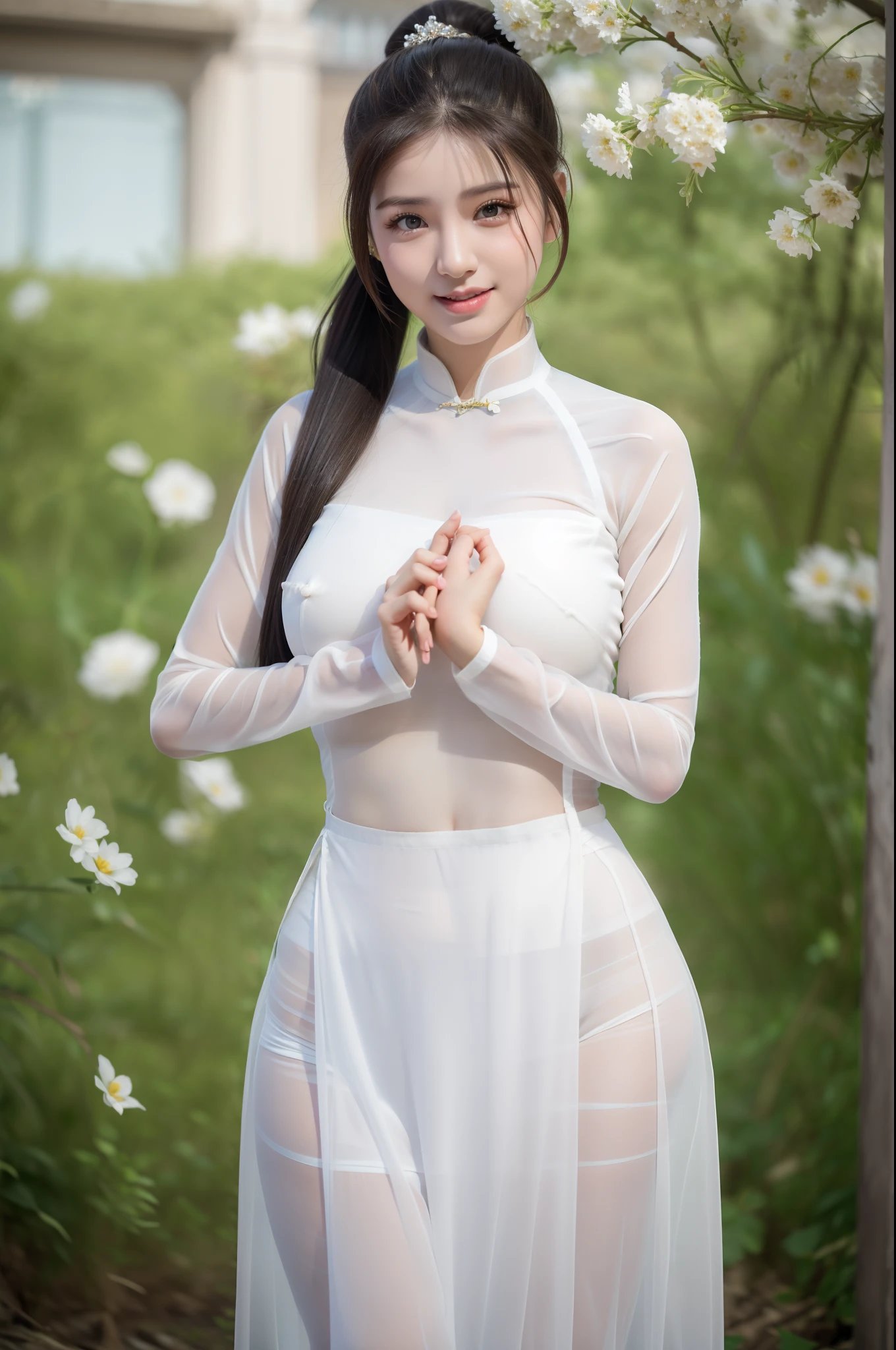 girlvn01, 1girl, big smile, ((white see through Aodai clothes:1.3)), photo art, colorful flower, a stunning photo with beautiful saturation, ultra high res,(realistic:1.4)),deep shadow,(best quality, masterpiece), pale skin, dimly lit, shade, flustered, blush, highly detailed, skinny, BREAK depth of field, film grain, wrinkled skin, looking at viewer, knee, warm smile, (upper body), masterpiece,ultra realistic,32k,extremely detailed CG unity 8k wallpaper, best quality, Highly detailed face and skin texture, dimples, ((gorgeous face:1.2)),((big boobs)), ((Hour-glass figure body)), ((ponytail hair:1.2), ((aodai costume:1.2)), nsfw, sexy nice body, ((highschool backdrop)) ,(black bra), (black underwear), ((shy pose:1.2))