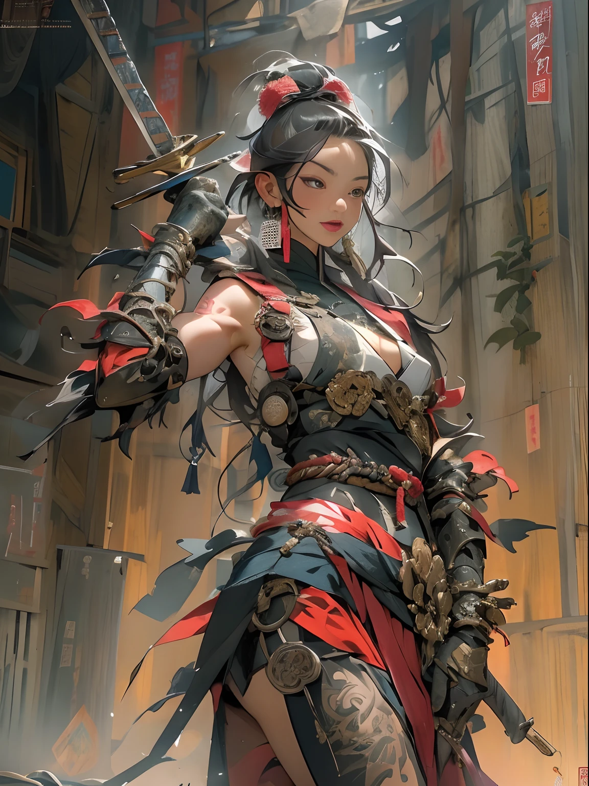 (((woman))), (((best qualityer))), (((tmasterpiece))), (((AS-Adult))), ((( Japanese ))), Look up from your knees, A beautiful asian samurai woman with perfect body, Modern samurai, ((( Asian))), Wear gloves on your hands,The left arm is made of steel and metal tips,Made of protective devices, The eyes are pulled, (( Appears below the breast )), (( Small dental floss )), Simon Bisley, Almost naked(Simon Bisley)Castle City Wilderness,For high-resolution posters, hair straight, Minimum clothing, armure (Crazy clothes ), Full of tips and rivets, tribal tattoos, (((full bodyesbian))), Straight brunette hair,Colored hair ends