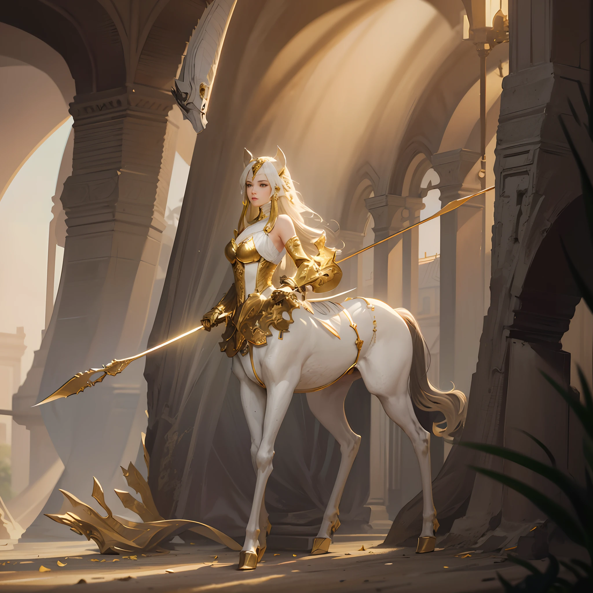 panoramic，Full body photo,Low Angle Lens,1 Female knight，Knight's sword，Ride a white horse,anatomy correct, (Exquisite helmet)，Delicate facial features，Gold armor，Delicate pattern，Oriental elements，Ink painting style, Clean colors,Golden space, Soft lighting, ( Bokeh)，Masterpiece, Super detailed, Epic composition, Highest quality, 4K，