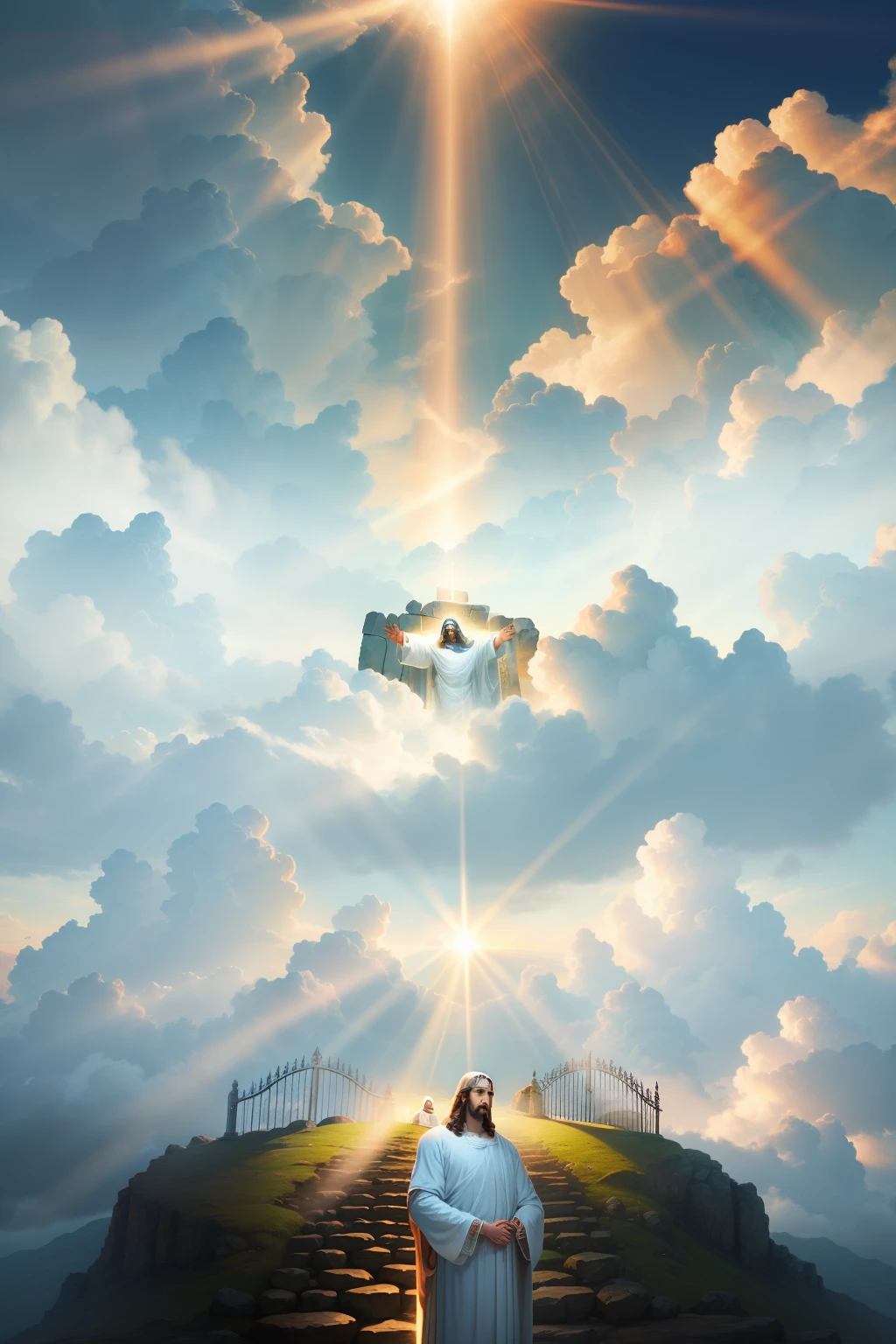 Jesus Christ in humble white clothes in the clouds toward the gates of heaven, insanely realistic with rays of light on his face