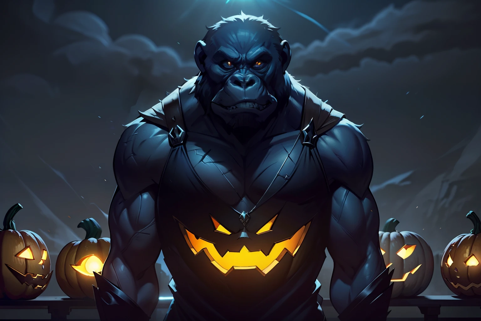 Um gorila malvado, CLOSE, mostrando os dentes de raiva, Strga Dress with Pumpkin on Halloween, vetor profissional, em uma paisagem de fantasia surreal, noite de luar, solid colours, cinematiclight, detalhes intrincados, Realistic texture,