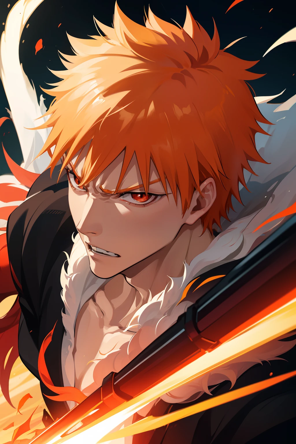 Ichigo Kurosaki, Close up, Orange hair, Glowing red eyes, Angry face, Shouting, blur backgroun, Masterpiece, 8K, HD, With his sword