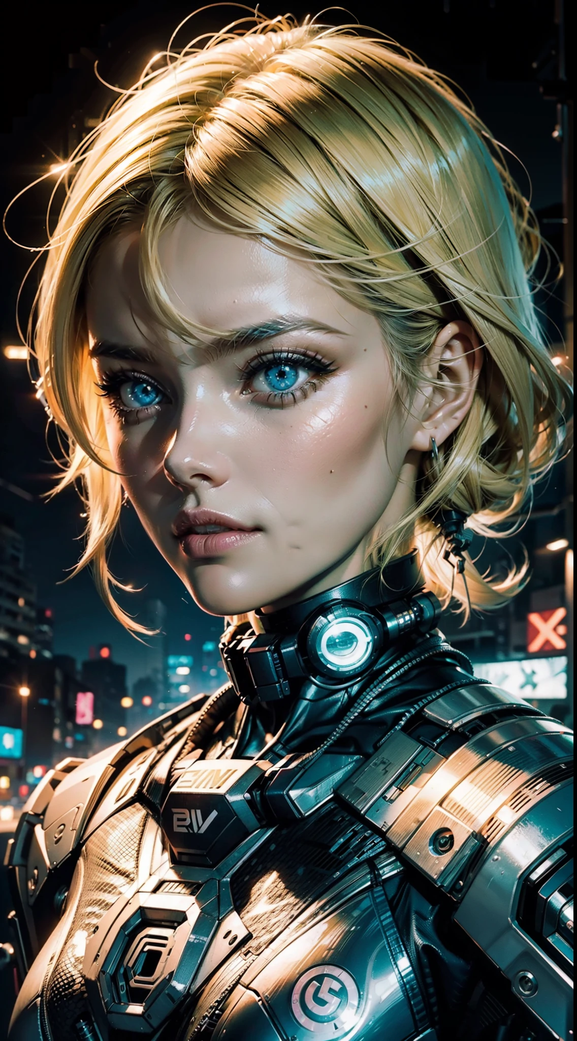Double exposure of a face of a blonde girl, em uma cidade neon estilo cyber punk
