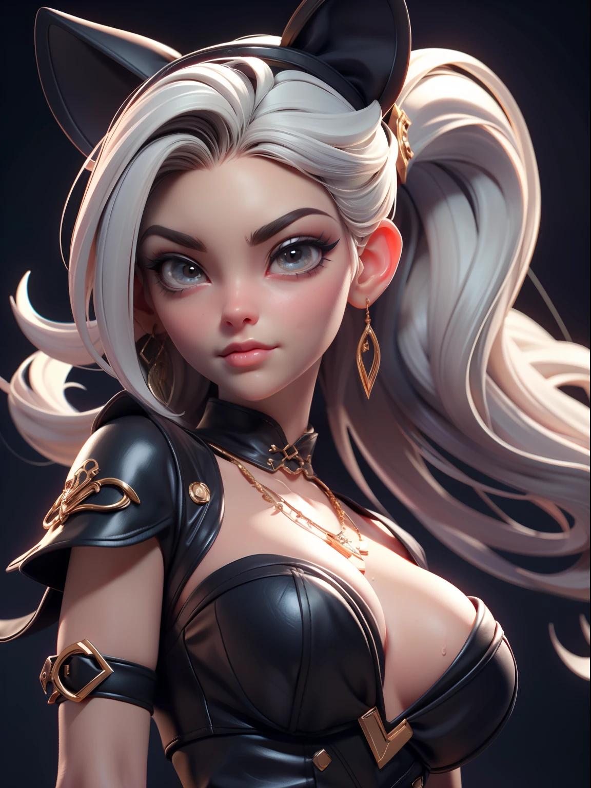 High quality, Rich in detail, The two-tailed silver-haired girl poses cutely. Wear vintage Gothic Gothic costumes, Wear a bracelet, Earrings and necklaces. Large is also visible. The photo is a close-up of the face, With cleavage, shiny breasts, Sweat in the room, and sexy atmosphere，3d,c4d,rendering by octane，Virtual Engine