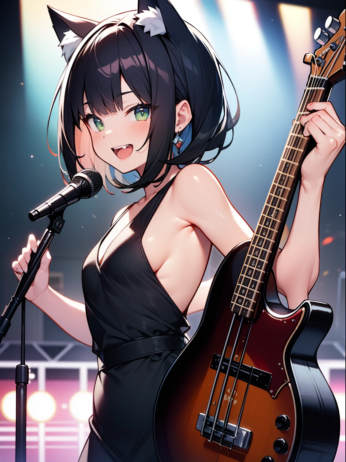 (highest quality:1.2, Very detailed, up to date, Vibrant, Ultra-high resolution, High Contrast, masterpiece:1.2, highest quality, Best aesthetics), Portraiture、girl、singer、stage、performance、Rock Music、Bright colors、Beautiful fine details、Beautiful lip detail、very short cut, bob cut、orange and pink ((streaked hair:1.5)), highlights hair: 1.3, middium breast, (tan skin:1.3), Music band、Cheerful pose、Concert Light、Edgy Style、Tank top、Dynamic Movement、hypnotic sounds、Stadium、amplifier、Loud music、Electric bass、playing bass hard, Fender bass, mike stand, Powerful vocals、Passionate performance、Sparkling stage、Concert atmosphere、Music Festival、Full of emotion、Rock star attitude、Resolute expression、Avid Fan、The presence of an attractive stage、 Expressive gestures、Rock star aura、An exciting atmosphere、Sing with all your heart、An unforgettable show。