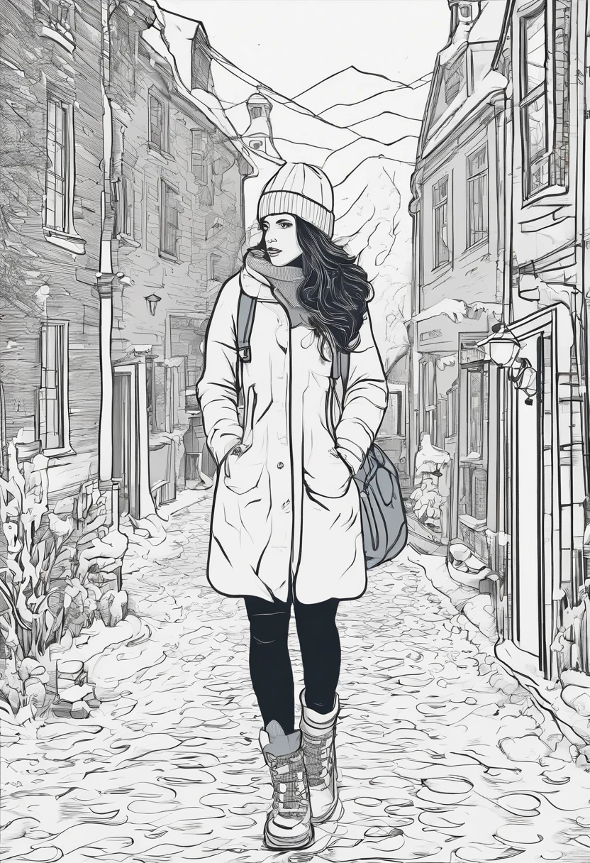 4k master piece, high detail, night time, dark, exterior of a red haired girl with blue eyes, wearing a dark blue sweater and beanie, with black tights and wearing a yellow backpack, walking through an empty snowy village at night, dark, scary, foggy and snowing, dynamic framing, dramatic pose