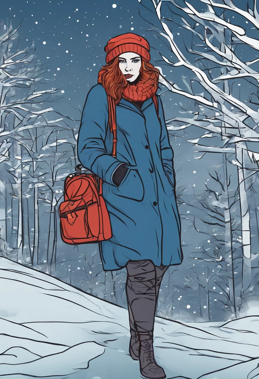 4k master piece, high detail, night time, dark, exterior of a red haired girl with blue eyes, wearing a dark blue sweater and beanie, with black tights and wearing a yellow backpack, walking through an empty snowy village at night, dark, scary, foggy and snowing, dynamic framing, dramatic pose