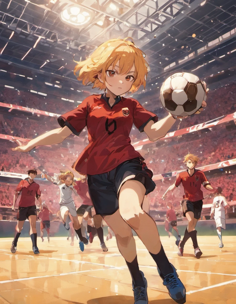 a sportist playing fotball and dribling 4 enemy players in the midle of them and he is wearing black suit and enemy players are in red suits in the midle of fotball stadium