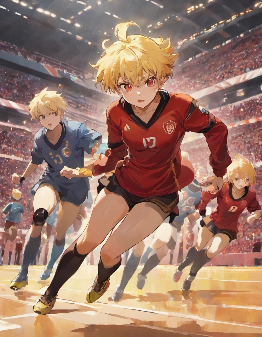 a sportist playing fotball and dribling 4 enemy players in the midle of them and he is wearing black suit and enemy players are in red suits in the midle of fotball stadium