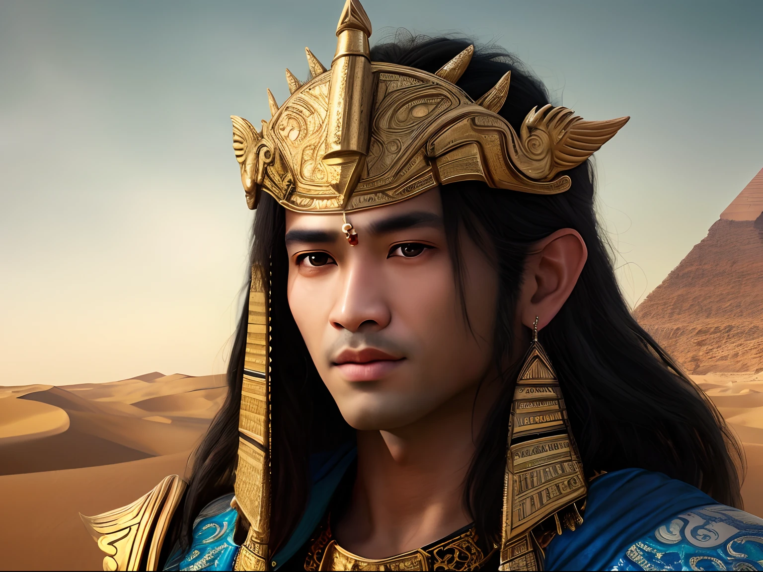 Faraway view, Myths and legends, Shiva, Sun Wukong, Titan, egyption, pyramid, A desert, Sand, Exquisite, 8K, Masterpiece,The beauty of the portrait of 8K, Intricate, elegant, Highly detailed, Majestic, Digital photography, Art by Artgerm and Ruan Jia and Greg Rutkowski, (Masterpiece, side-lighting, fine detailed beautiful eyes: 1.2), hdr, Detailed background,