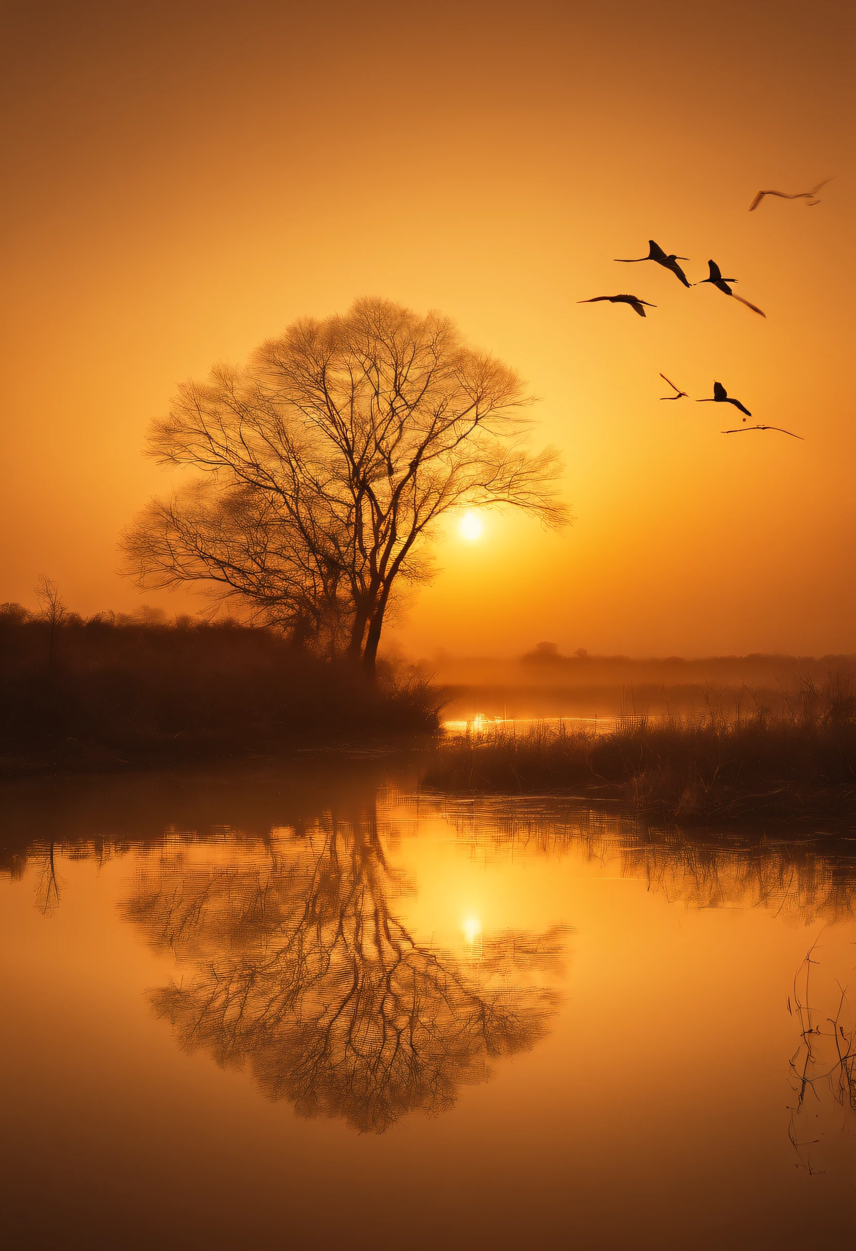 Peaceful scenery at dawn, Soft gold tones depict the horizon where birds sing, Image in 2560 x 1440 pixel format