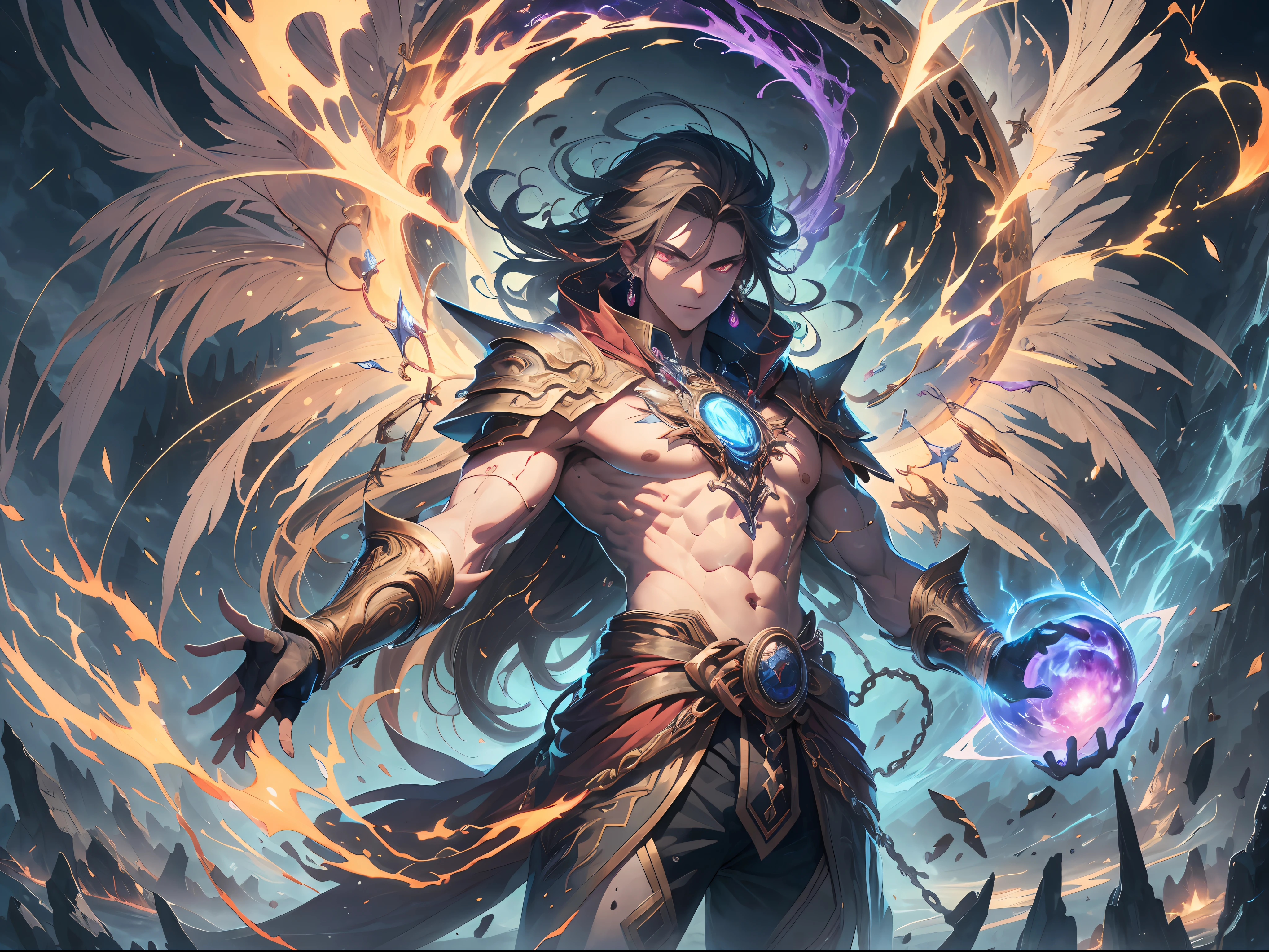 (absurd, high resolution, hyper-detailed, HDR), masterpiece, best quality, a boy with features of a cangaceiro lampião of the northeast of Brazil, giant sickle, break, soil, long hair, red eyes, bright eyes, thin eyes and detailed face, tall and muscular, bare chest muscles, earrings and accessories, six pairs of angel wings, archangel, whole body, celestial background,  fantasy, celestial body, dramatic sky, bright, blooming, whirlpool, spark, lightning, magic vortex, lightning, golden aura, battle posture.