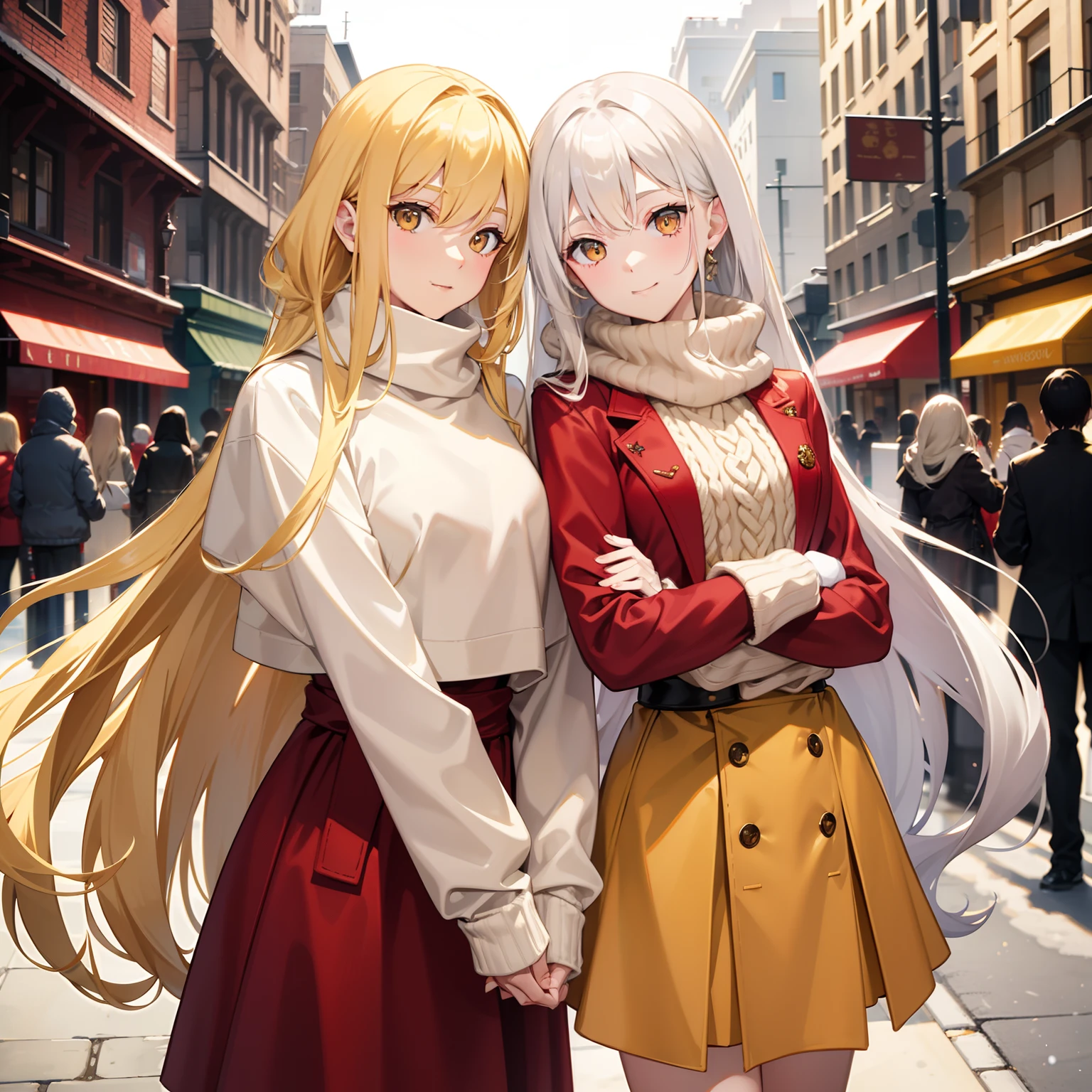 Long blonde hair to the waist，Golden eyes，wearing a wool sweater，Pale yellow skirt，With a red scarf，Stand on the streets in winter，Wear a pair of furry gloves on both hands，His face was slightly cold，ssmile