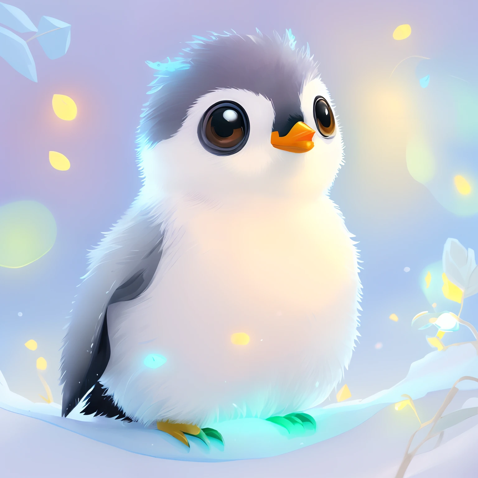 There is a small penguin sitting on a branch in the snow, Adorable Digital Painting, cute detailed digital art, Cute digital art, adorable glowing creature, Penguins 0, Anthropomorphic penguins, cute 3d render, glowing lights! Digital Painting, beautiful digital works of art, CuteCreatures, procreate illustration, cute detailed artwork, stunning digital illustration, cute little creature