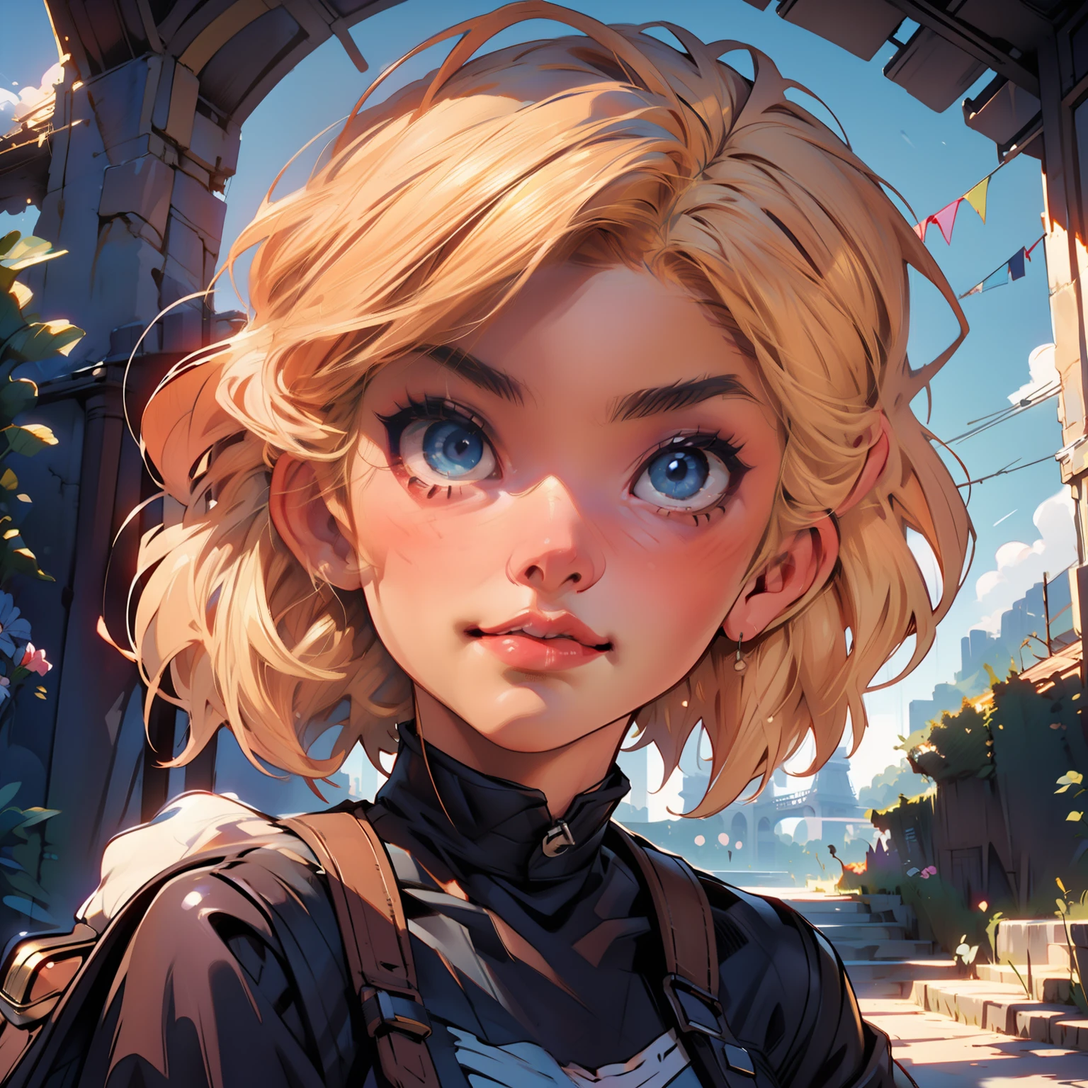 masterpiece, close up, digital paint, (Cute girl, 20 years old, blond short hair, contour eyes ), at the top of eiffel tower in paris by Jim Lee. 1990s \(style\),