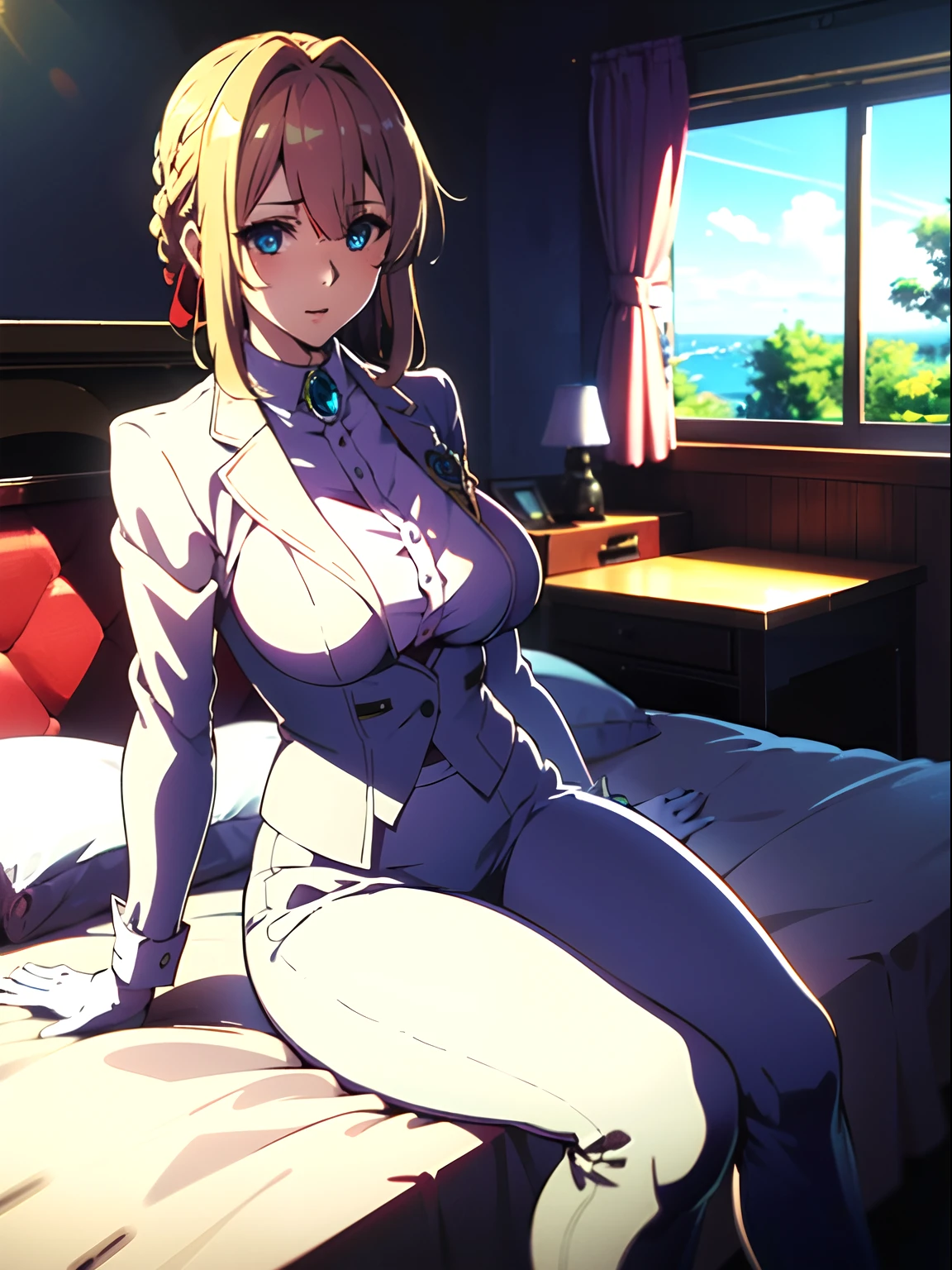 (best quality,4k,8k,highres,masterpiece:1.2) violet evergarden, brooch, hair intakes, blonde, white long tuxedo , white pants, white gloves, 1girl, solo, blue eyes, bedroom, big breasts, braid, wedding, white dress