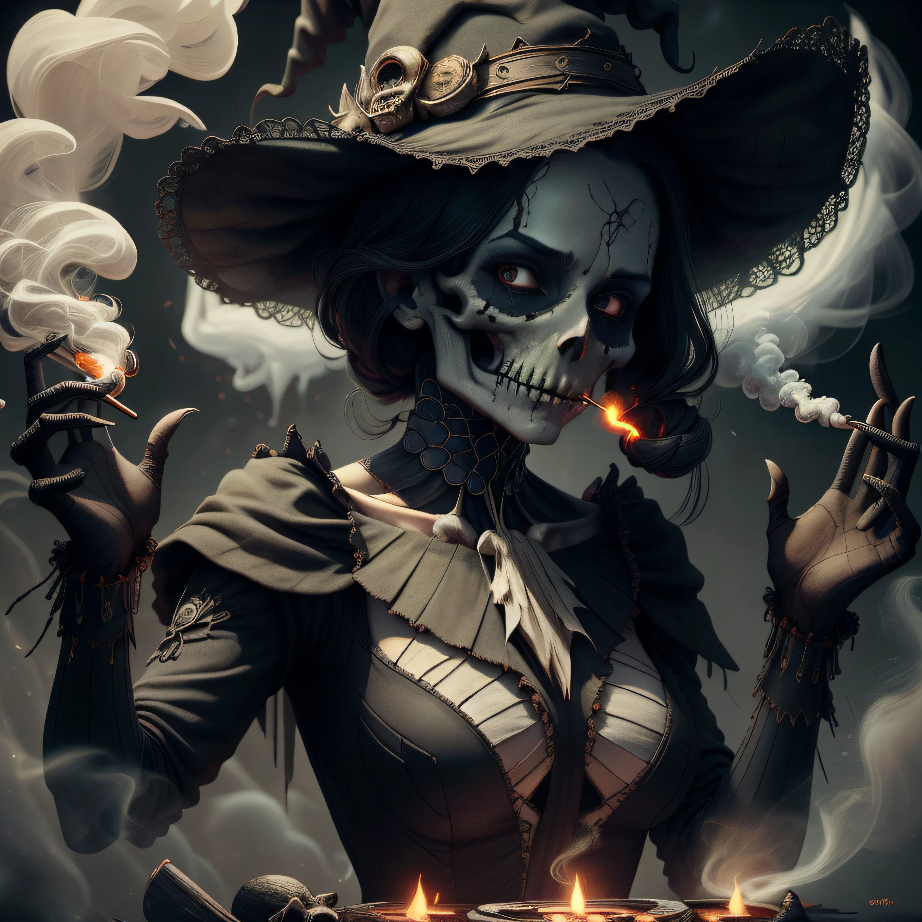 masterpiece, best quality, detailed,smoke, witch and skulls