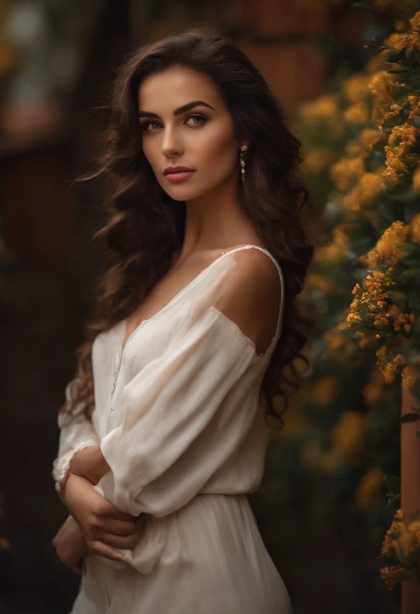 (Scharfer Fokus:1.2), Foto, Attractive young turkish woman, (Beautiful face:1.1), Detaillierte Augen, luscious lips, (Katzenaugen-Make-up:0.85), (大眼睛:1.0), (toned body:1.2), (lockiges Haar:1.2), (big booty:1.4), tragend (brechen:1.2) auf einem (Feldweg:1.2). (Stimmungsvolle Beleuchtung:1.2), Depth of field, bokeh, 4K, HDR. bis (Jakob C. Christensen:1.2|Jeremy Lipking:1.1).