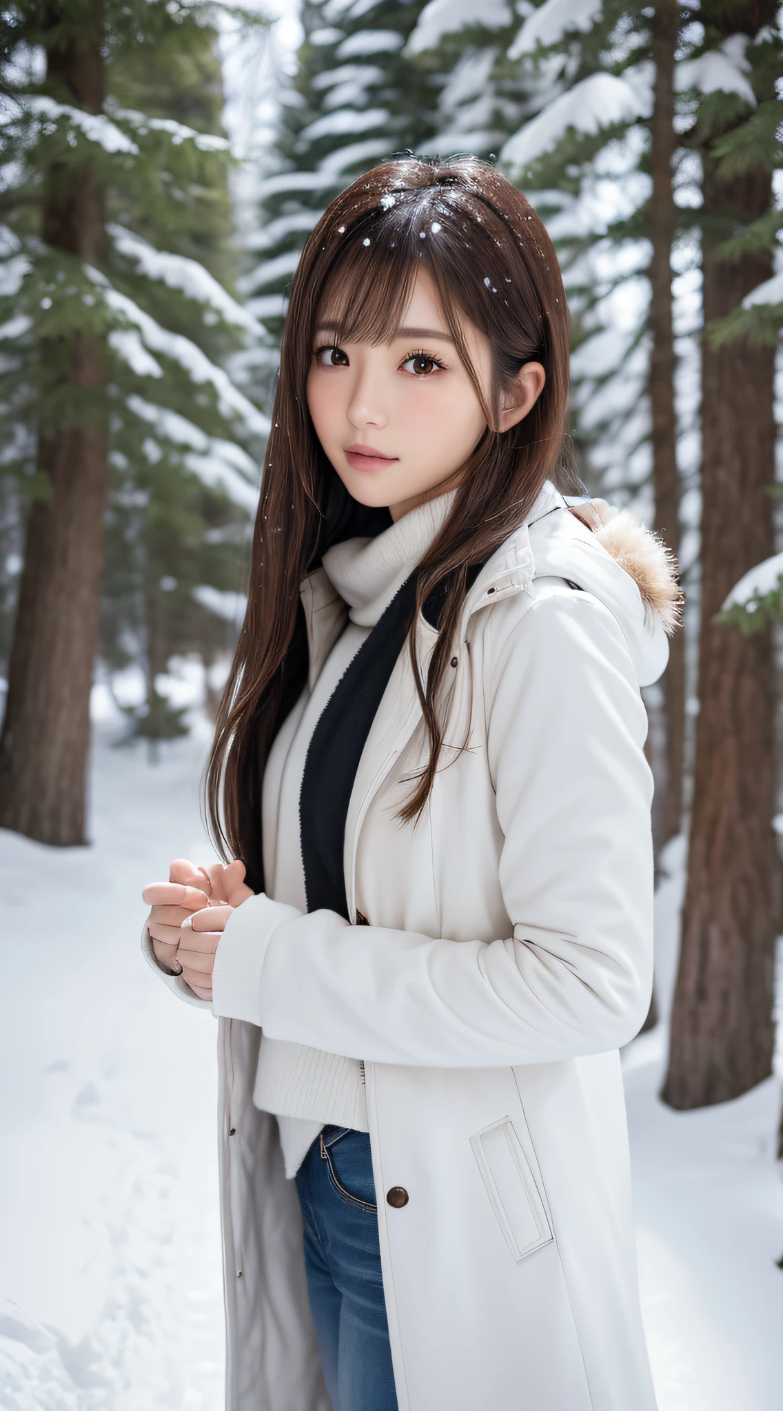 1womanl, up of face, light brown hair, Blunt bangs, hair behind ear, hair over shoulder, Long hair, slender body shape, Ultra Fine Face, Thin face, Delicate lips, Beautiful eyes, thin blush, eyes are light brown,View here, Ultra-thin hands, Ultra-fine fingers, best ratio four finger and one thumb, (realisitic:1.3), white longcoat.Long pants for the cold season, muffler,gloves、Coniferous forest with heavy snowfall, It's snowing.One-person viewpoint, Fuji Film, 8K, masutepiece, nffsw, Super Detail, High quality, Best Quality, hight resolution,