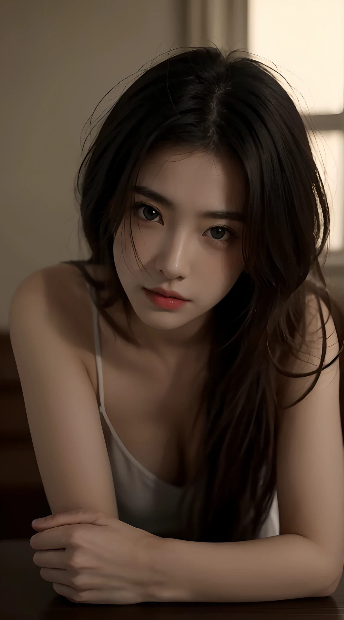 best qualtiy, tmasterpiece, 超高分辨率, (realisticlying:1.5), RAW photogr, 1girll, facing at camera,Lie on the table, in the darkness nigth, deep shading, low tune, cold light, Sexy look, messy shortt hair