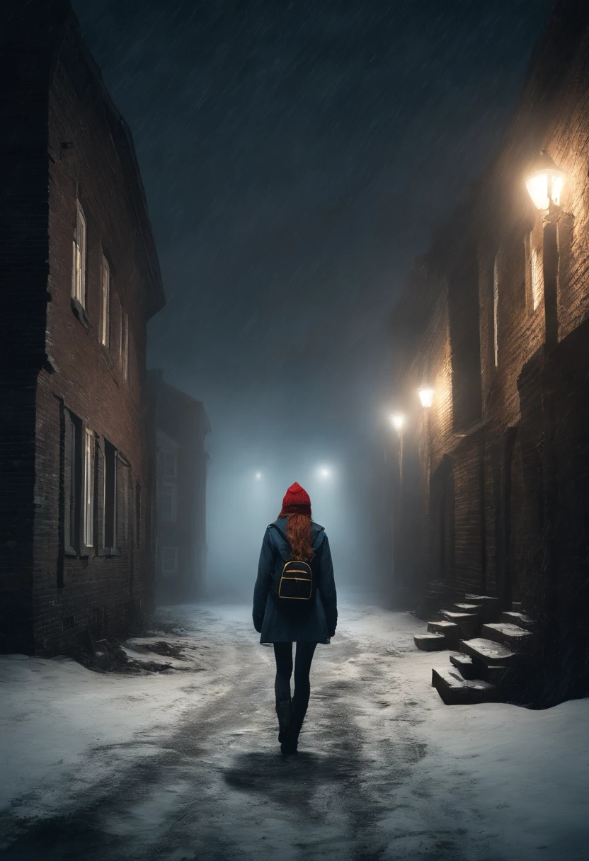 4k master piece, high detail, night time, dark, exterior of a red haired girl with blue eyes, wearing a dark blue sweater and beanie, with black tights and wearing a yellow backpack, walking through an empty snowy village at night, dark, scary, foggy and snowing, dynamic framing, dramatic pose